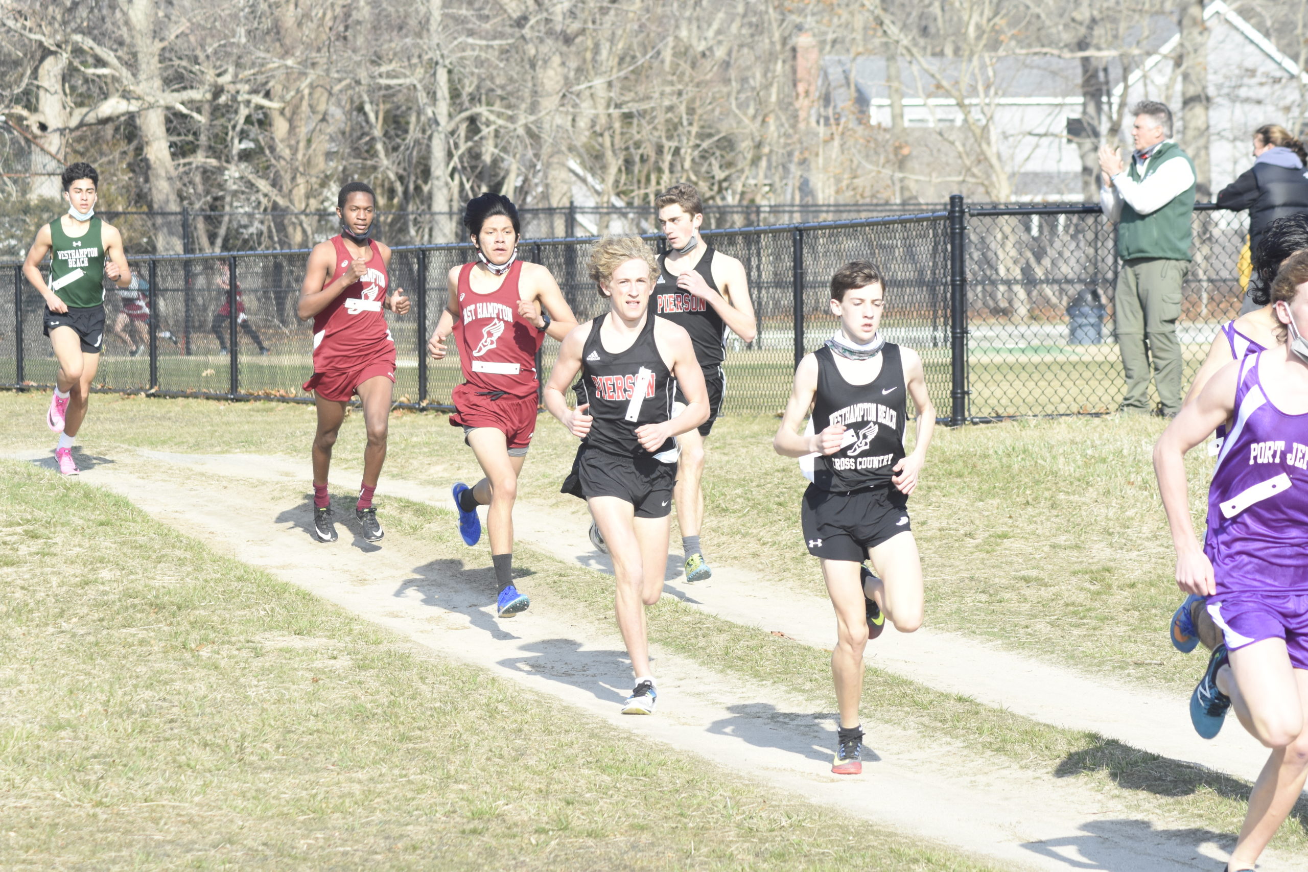 Pierson's Ben McErlean trails right behind Trevor Hayes of Westhampton, with his teammate P.J. Ramundo directly him and East Hampton's Brayan Rivera and Amari Gordon.