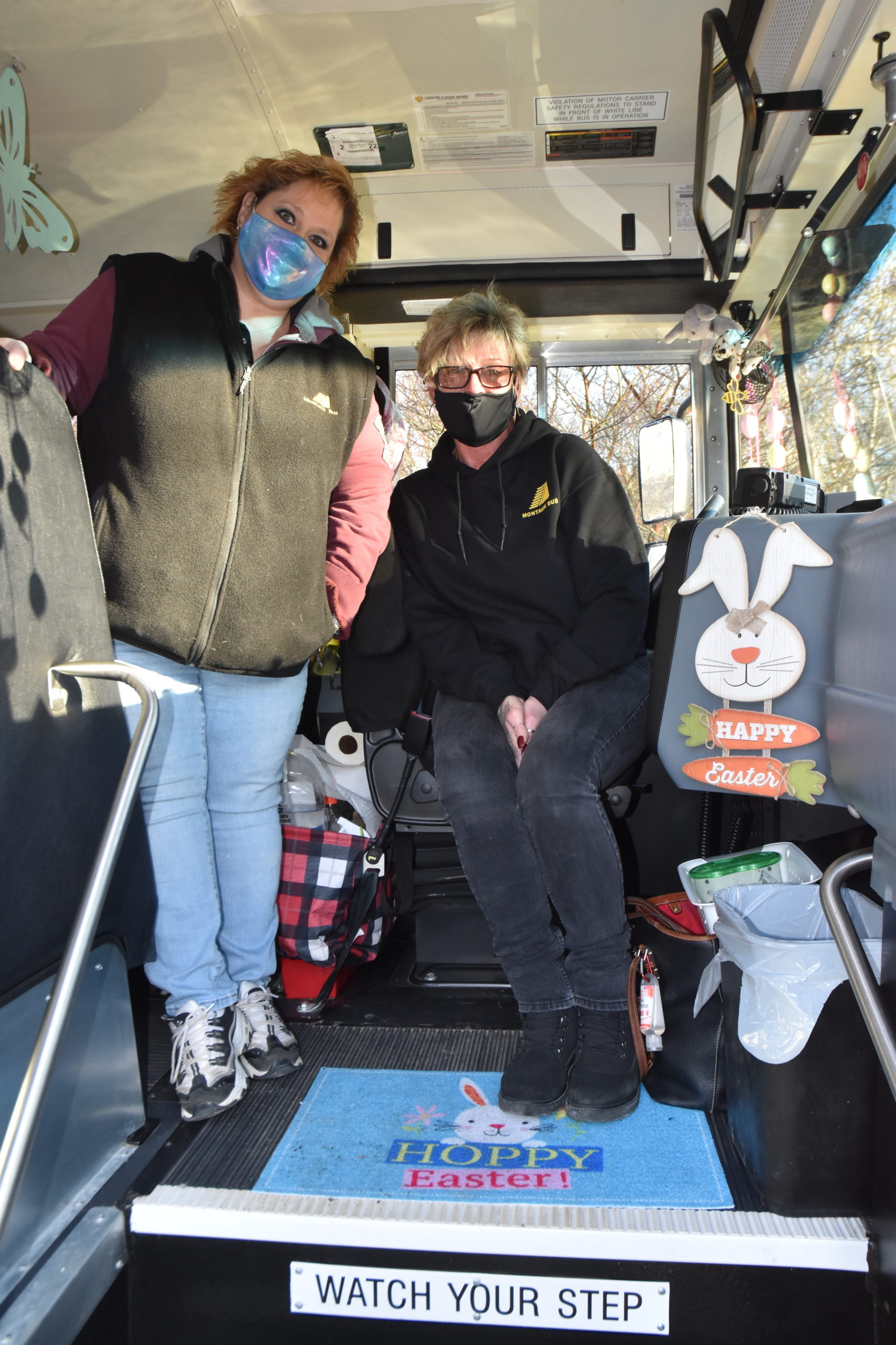 Carolyn Gunther, with her driver assistant Barbara Eyton-Jones, decorates her bus for each holiday or season encountered during the school year. STEPHEN J. KOTZ