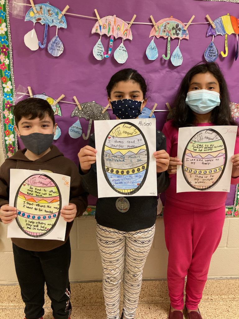 Following a reading of “Rechenka’s Eggs,” a Ukrainian tale by Patricia Polacco, the third graders in Kelley Davide and Jennifer Loesch’s class at Hampton Bays Elementary School created their own uniquely designed eggs that highlighted ways they could be a good “eggs-ample” to their peers.