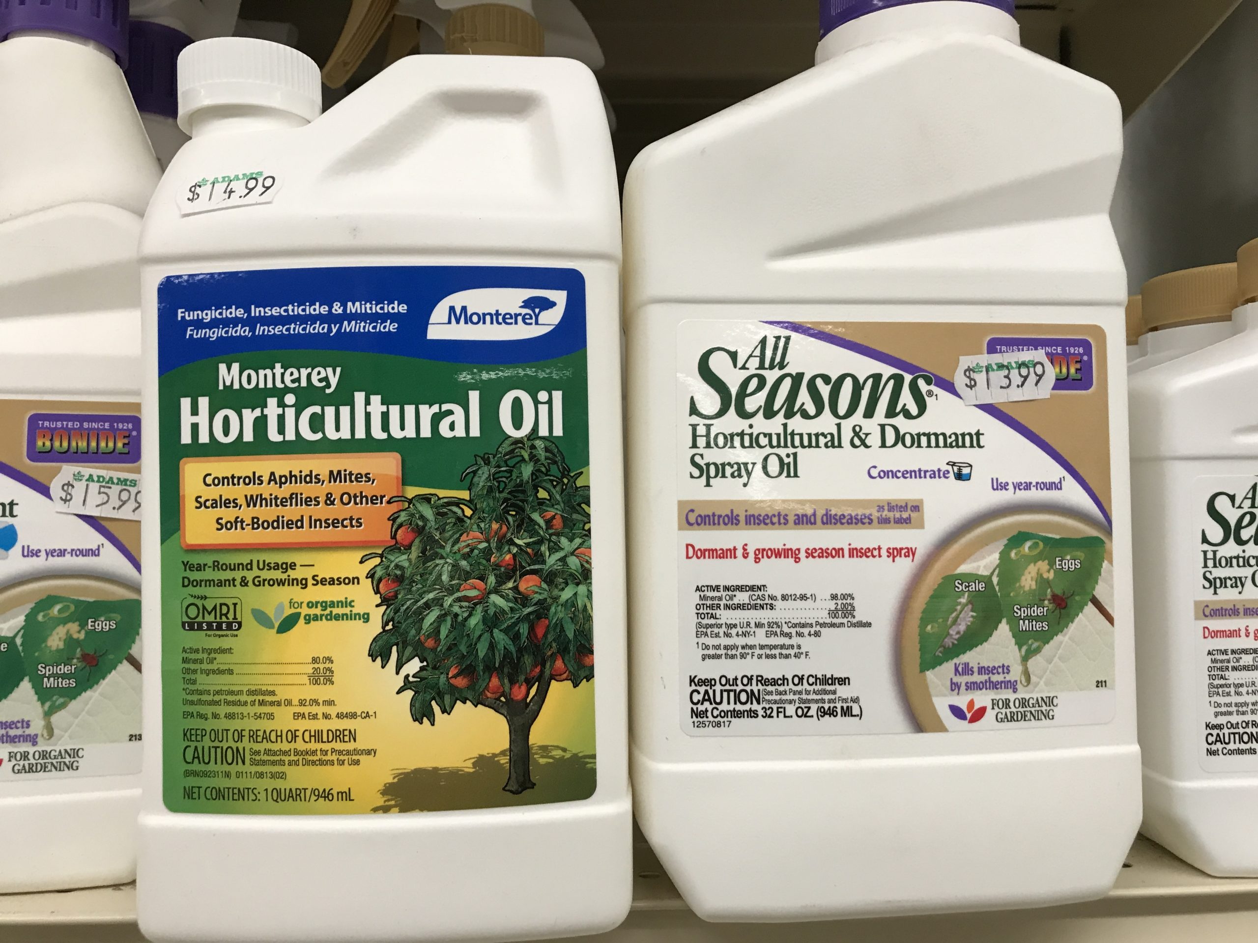 Not all dormant oils are the same. The Monterey (left) has 80 percent mineral oil while the All Seasons on the right is 98 percent mineral oil.  Some of these oils (like these two) can be used throughout the season, but others are only for “dormant” use.  Read the label.