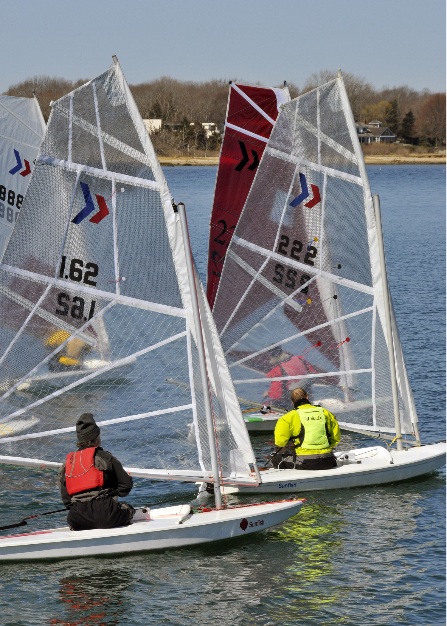 Nick Gazzolo, front left; Julian Shapiro behind Gazzolo's sail; Mark Webber (#222), on a beam reach.