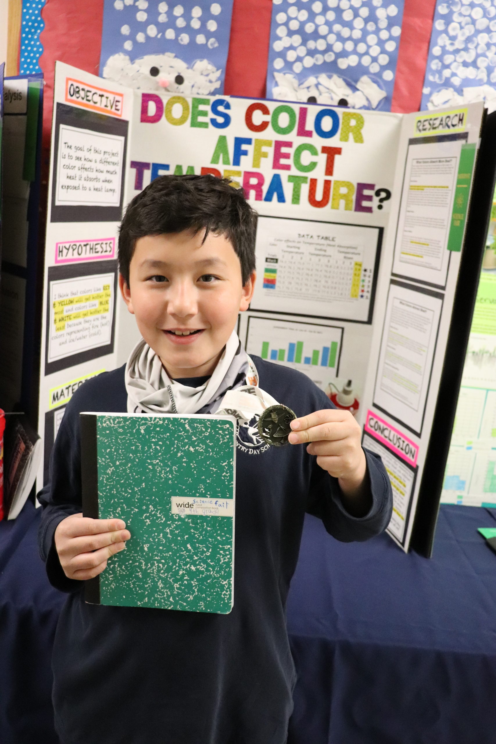 Fourth-grade student, Dylan Pouteau, poses with his first-place medal in front of his Raynor Country Day School Science Fair project.