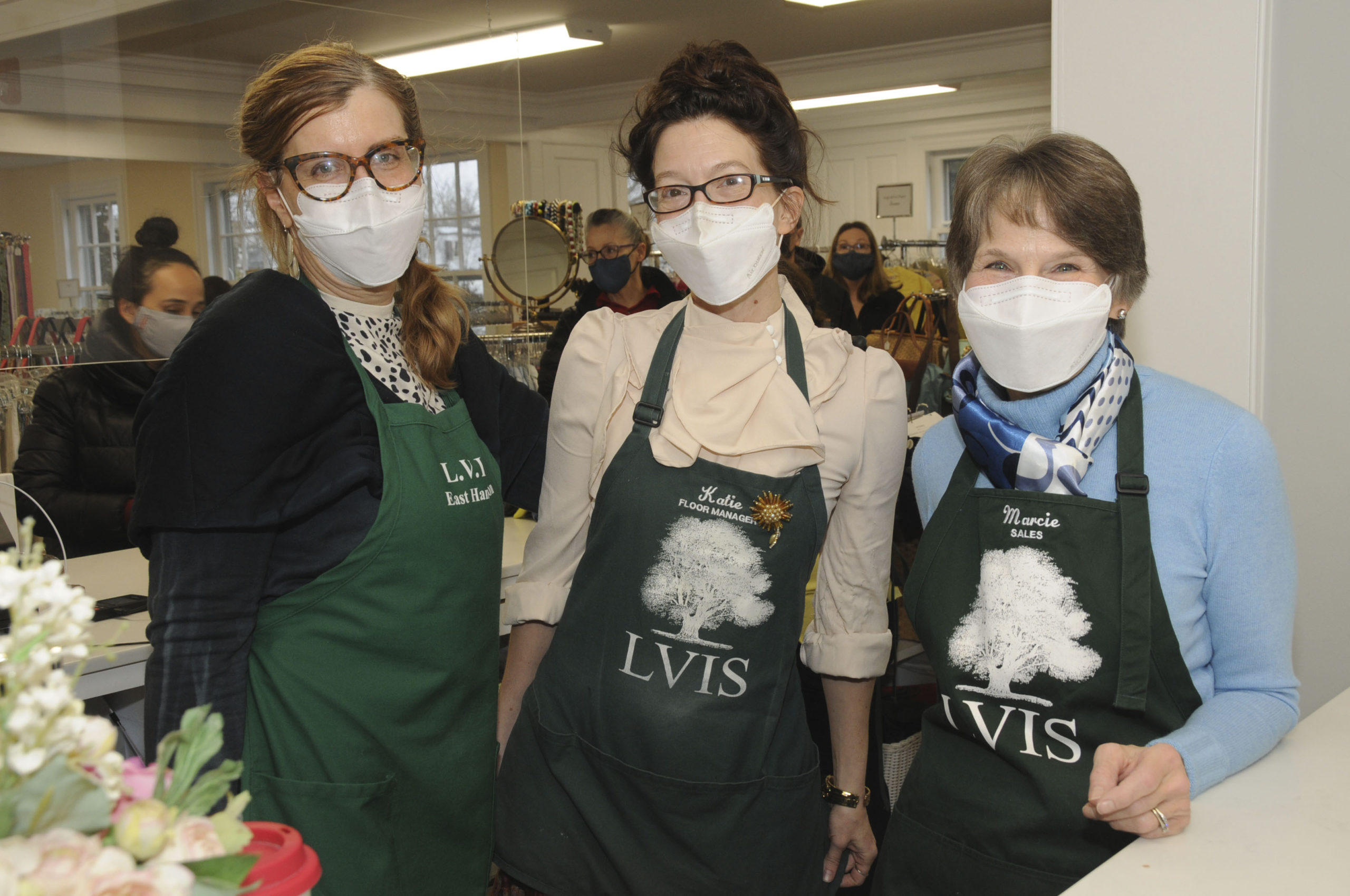 Despite the challenges of the pandemic era, the Ladies' Village Improvement Society of East Hampton held their annual Spring Opening of The Shops At LVIS on Saturday. Left to right, Annie Browngardt, Katie Kulp and Marcie Reed.    RICHARD LEWIN