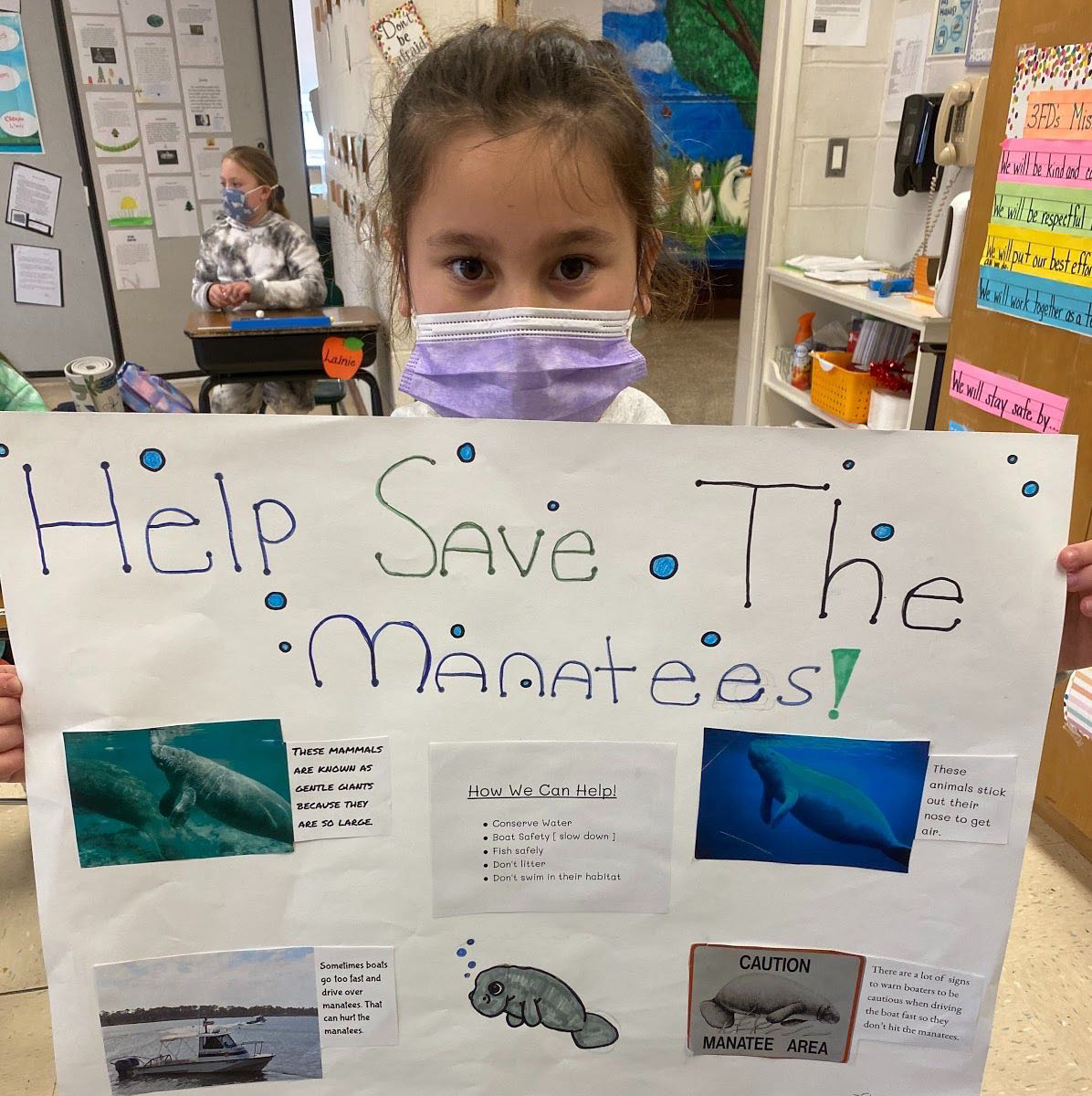 Third graders at Westhampton Beach Elementary School researched a variety of endangered species as part of a recent science lesson. Each student chose an animal on the endangered species list — ranging from sea turtles and bald eagles to whooping cranes — and created a report that they presented to their peers. They were encouraged to compliment each other by writing accolades on sticky notes that they affixed to each presenter’s report.    Courtesy of the Westhampton Beach Union Free School District