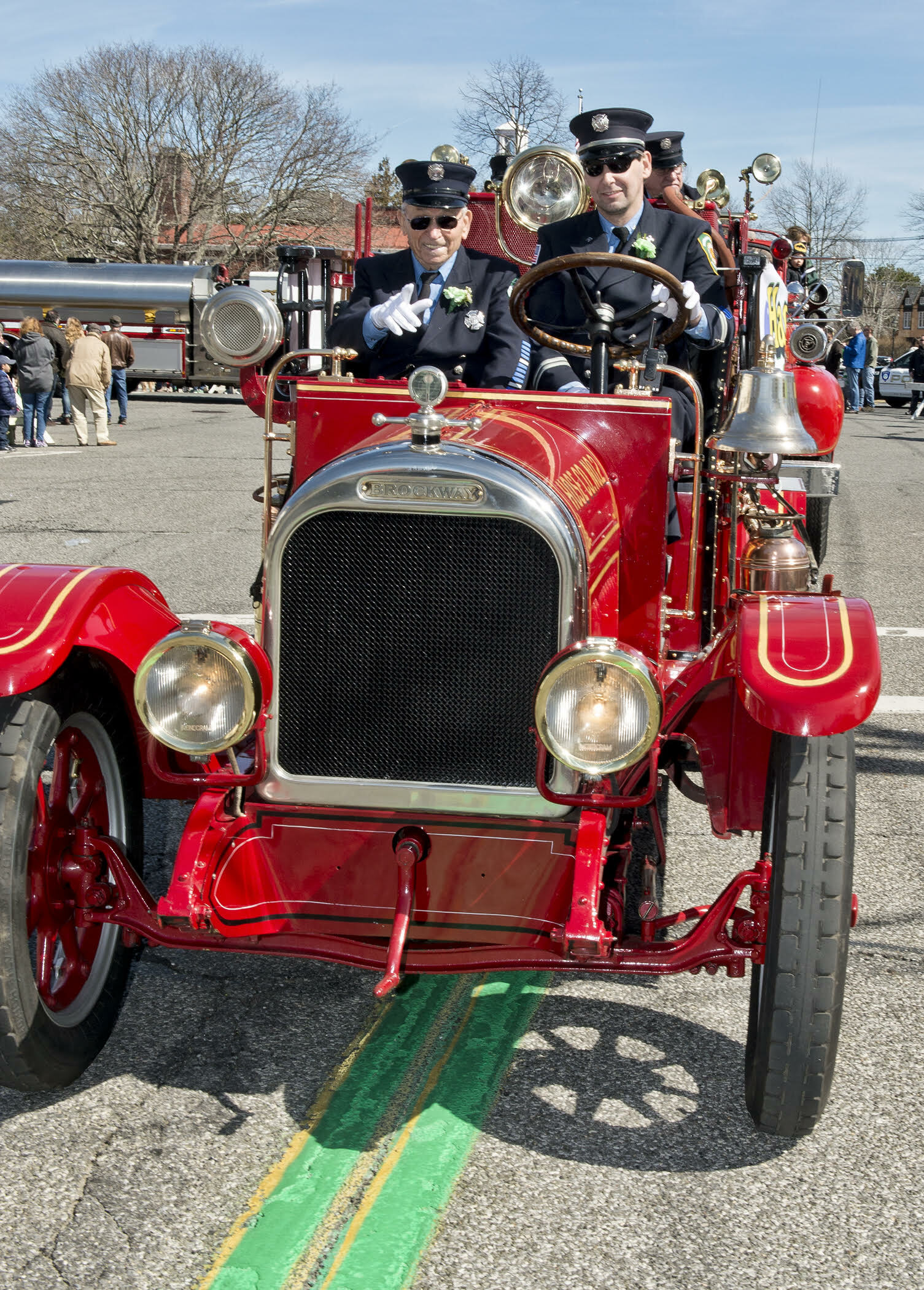 John Comba, left, with current Chief Larry Saccente at the 2016 St. Patrick’s Day parade. Courtesy Westhampton Beach Fire Department