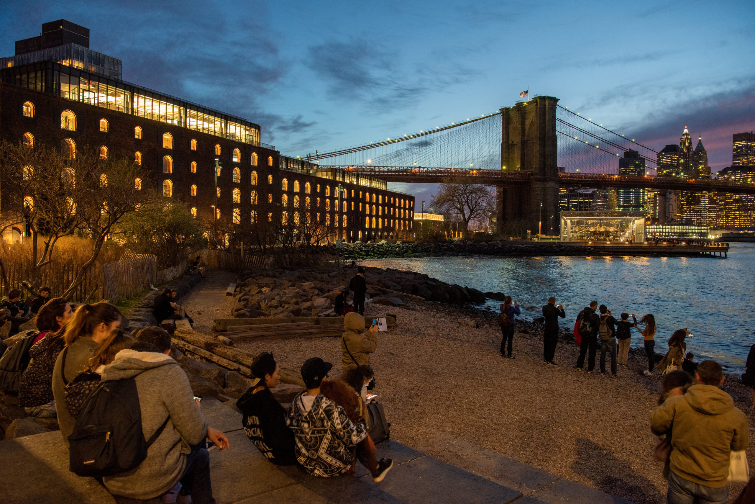 The Dumbo riverfront and the view of Manhattan.