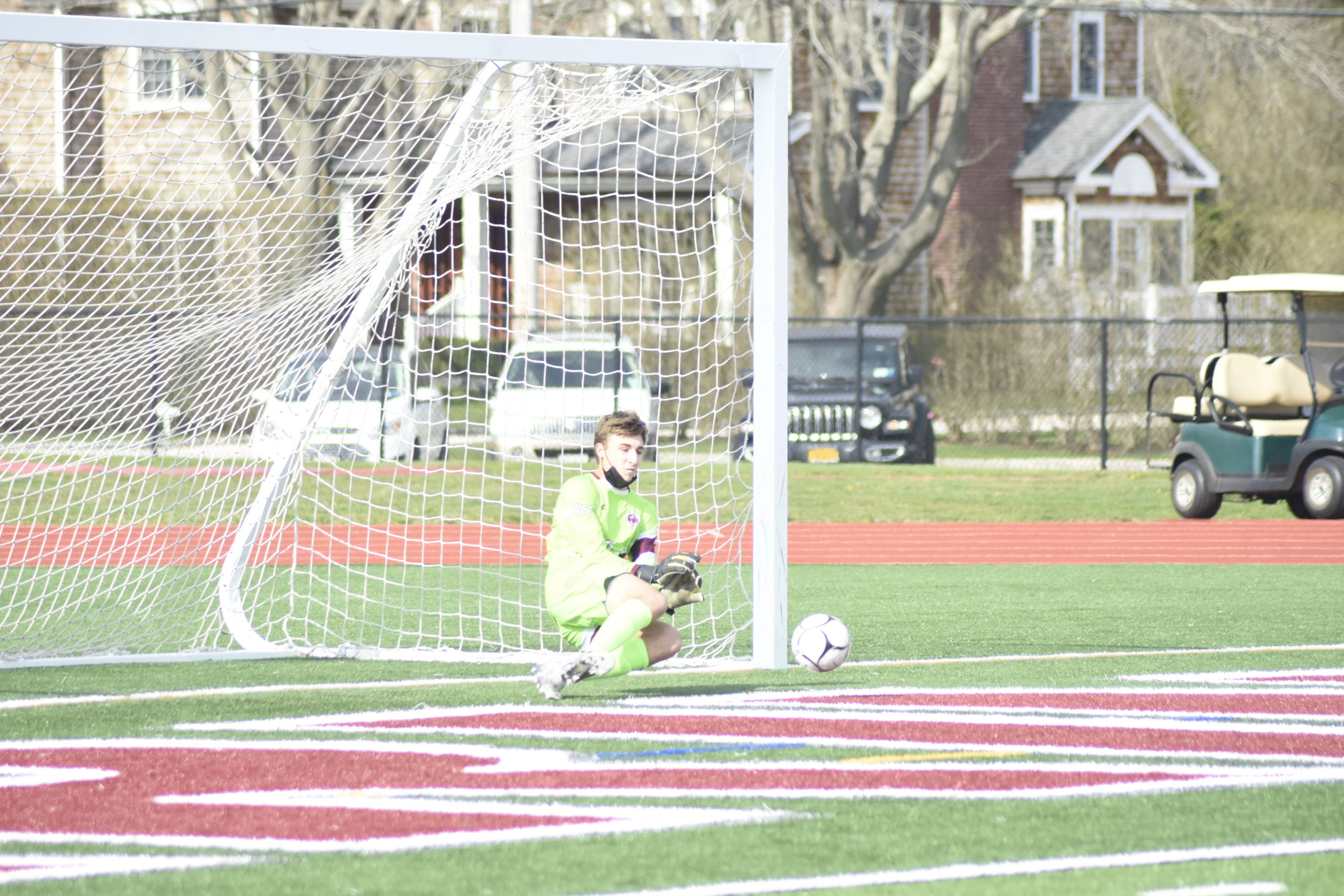 Southampton sophomore goalie Andrew Panza makes a save on a penalty kick early in the first half of Wednesday's game.