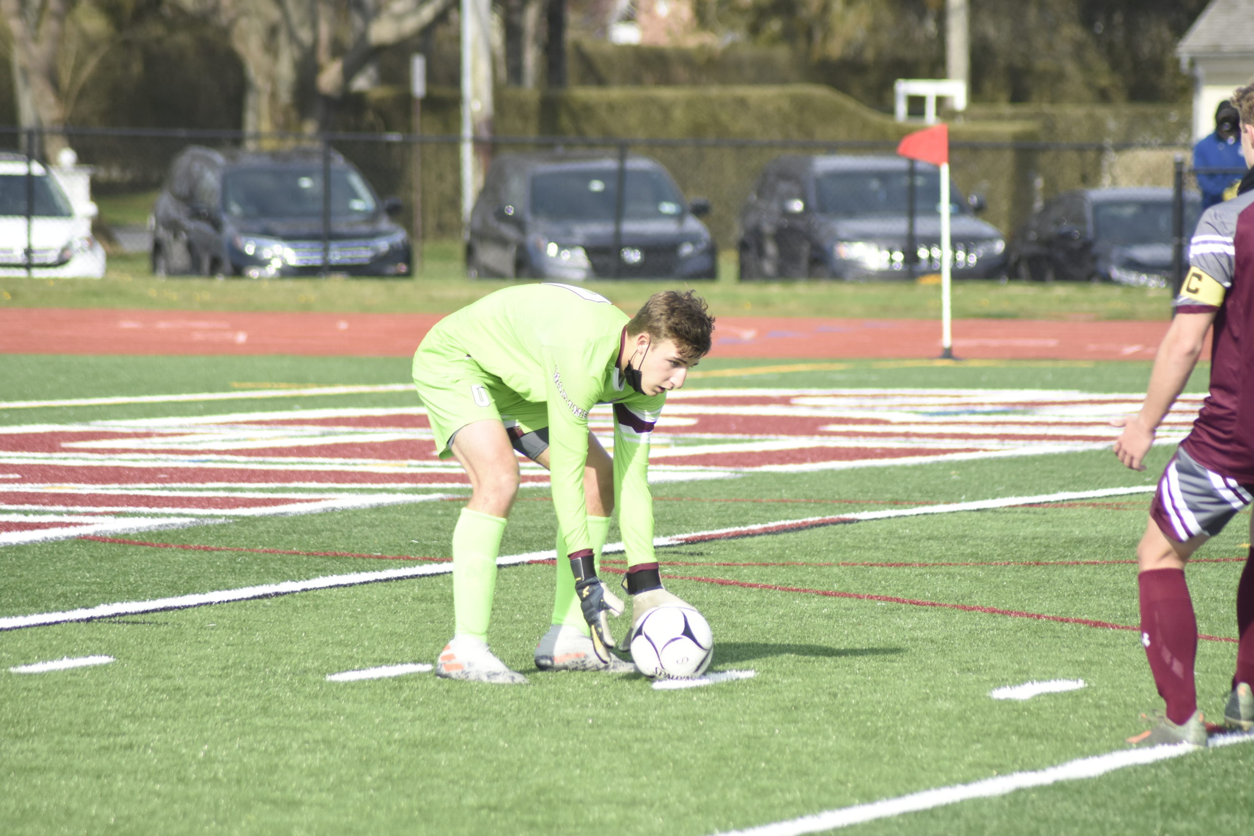 Southampton sophomore goalie Andrew Panza plays a ball that comes into the box.
