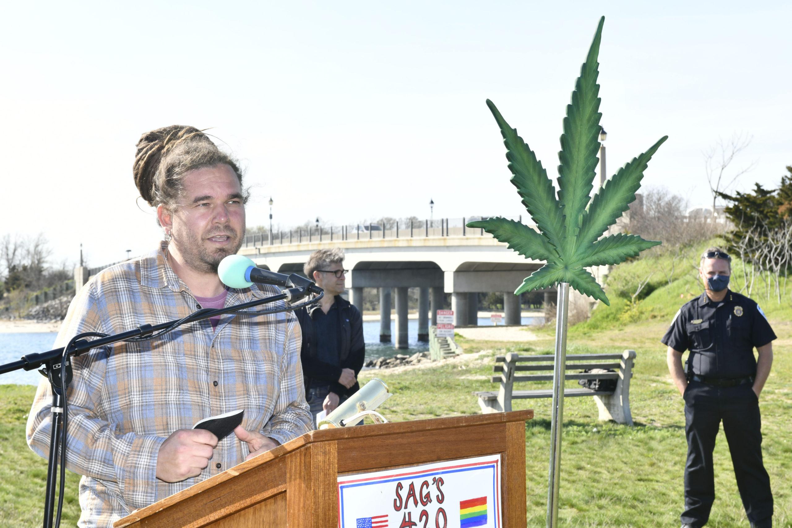 Open Minded Organics owner David Falkowski speaks at the 420 Day rally in Steinbeck Park in Sag Harbor on Tuesday.    DANA SHAW