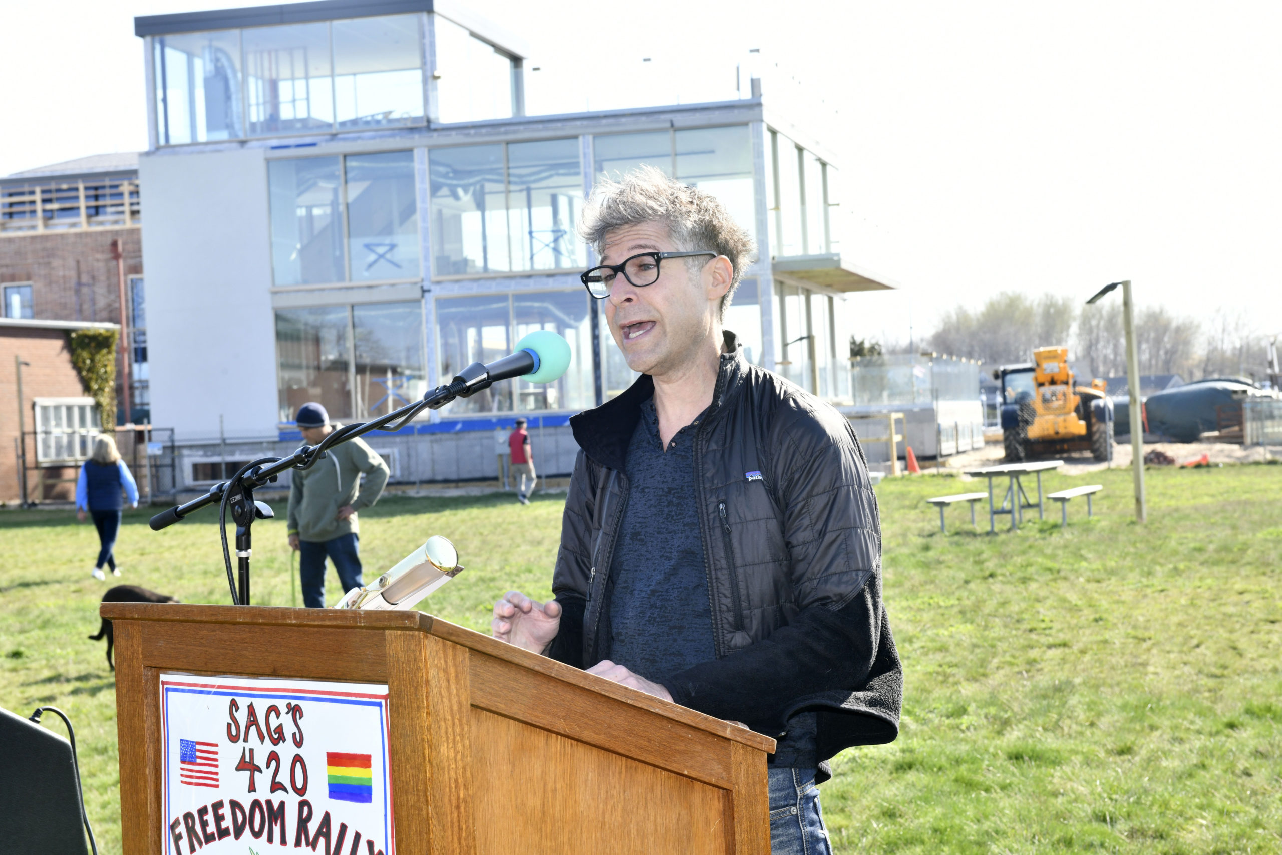 Speaker Andrew Rosner, vice president of the New York Cannabis Growers and Processors Association at the 420 Day rally in Steinbeck Park on Tuesday.  DANA SHAW