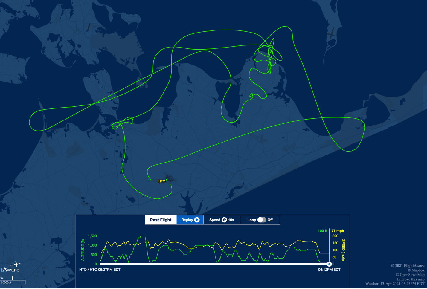 Flightaware.com’s record of the track, altitudes and speeds of David Wisner’s flight in his Cessna 182 over Sag Harbor and Springs on April 13 with altitudes as low as 100 feet.