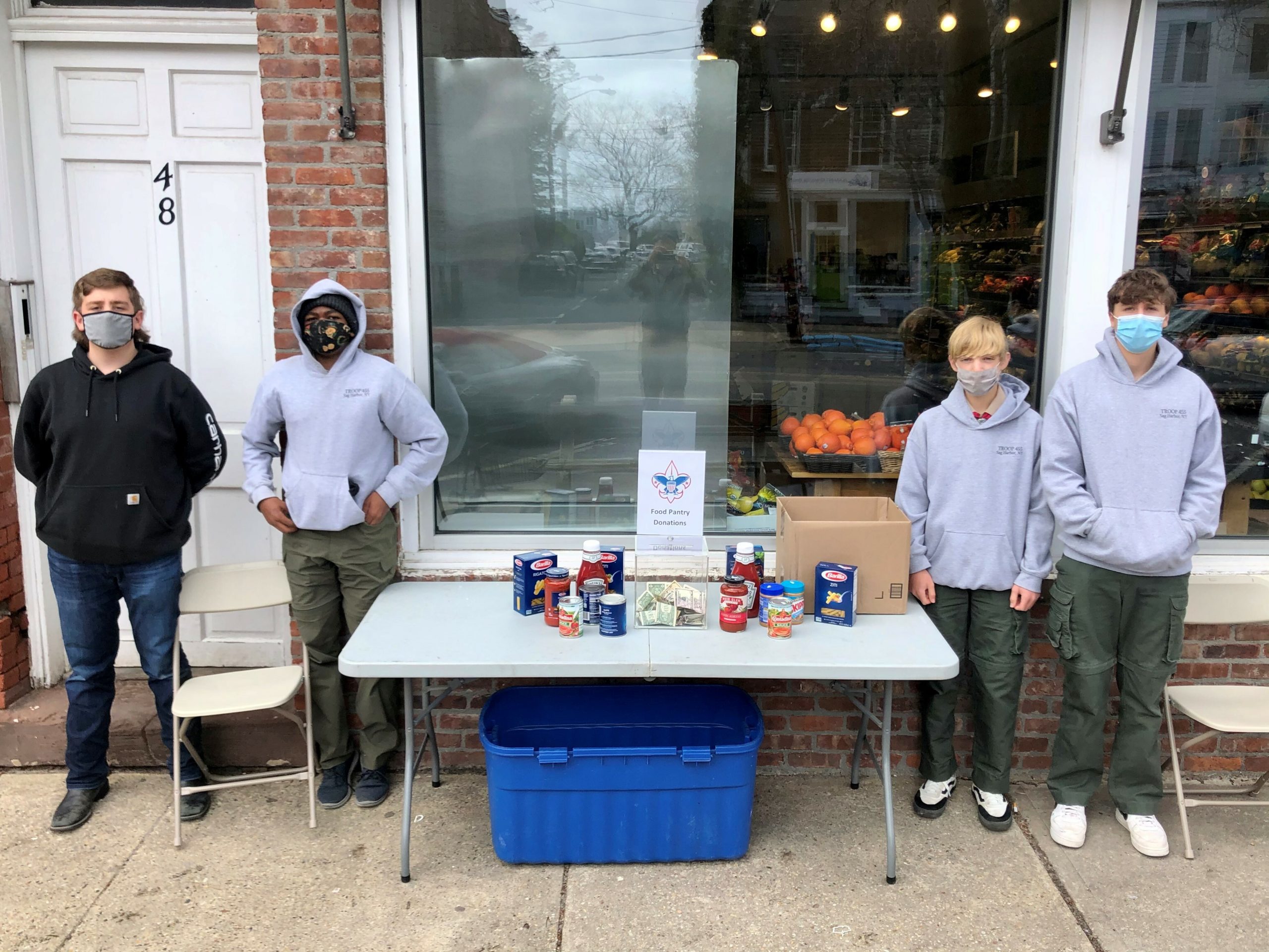 James Farrell, Keanu King, Michael Ramundo and Troy Remkus were a part of a food drive held by the Boy Scouts of Troop 455 Sag Harbor last Saturday, April 24, on Main Street in support of the Sag Harbor Food Pantry. The troop collected a large box of food donations and $208 to support the pantry’s efforts.