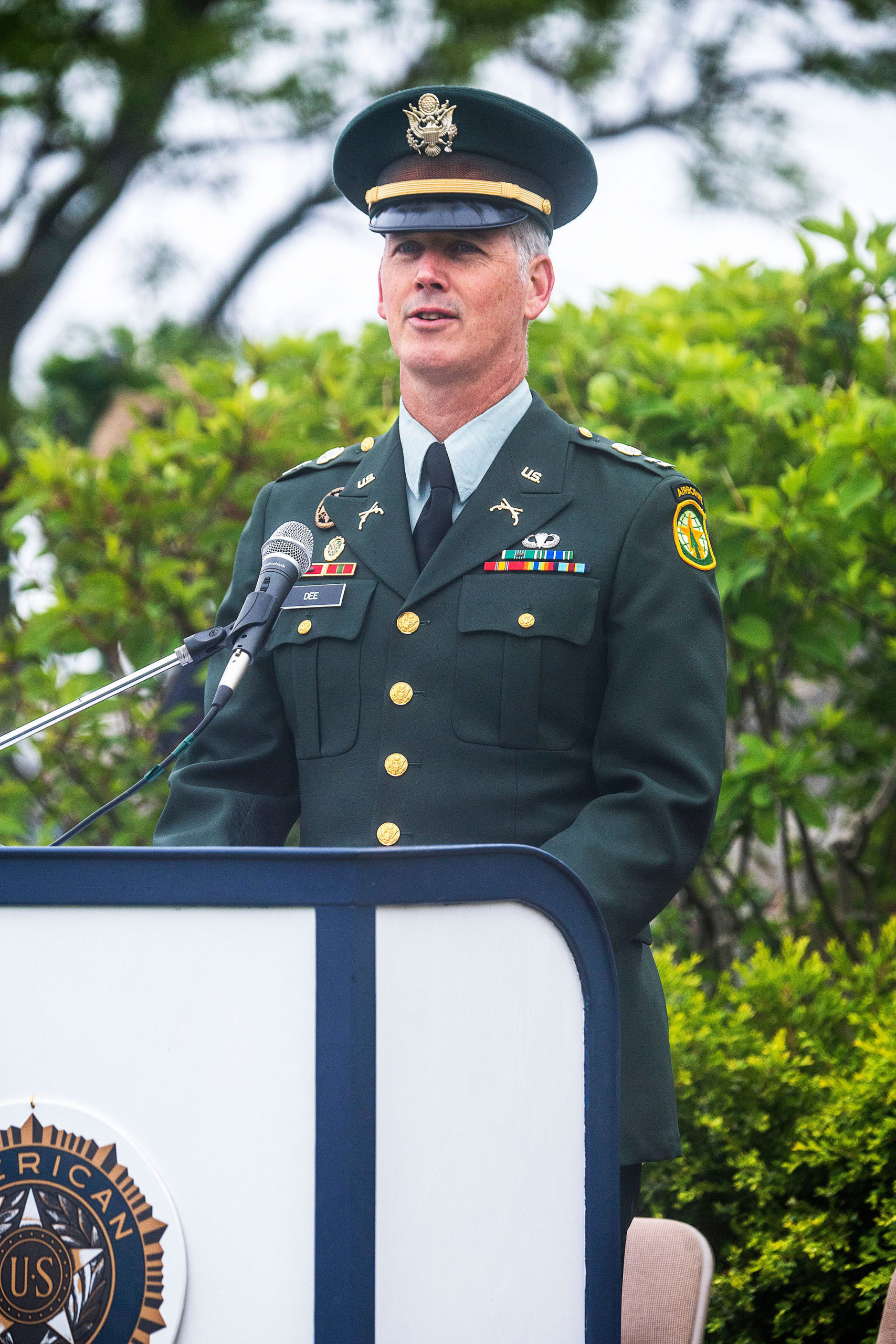 Guest Speaker Michael Dee during a ceremony in Marine Park during the 2021 Memorial Day parade and ceremonies in Sag Harbor on Monday.   MICHAEL HELLER