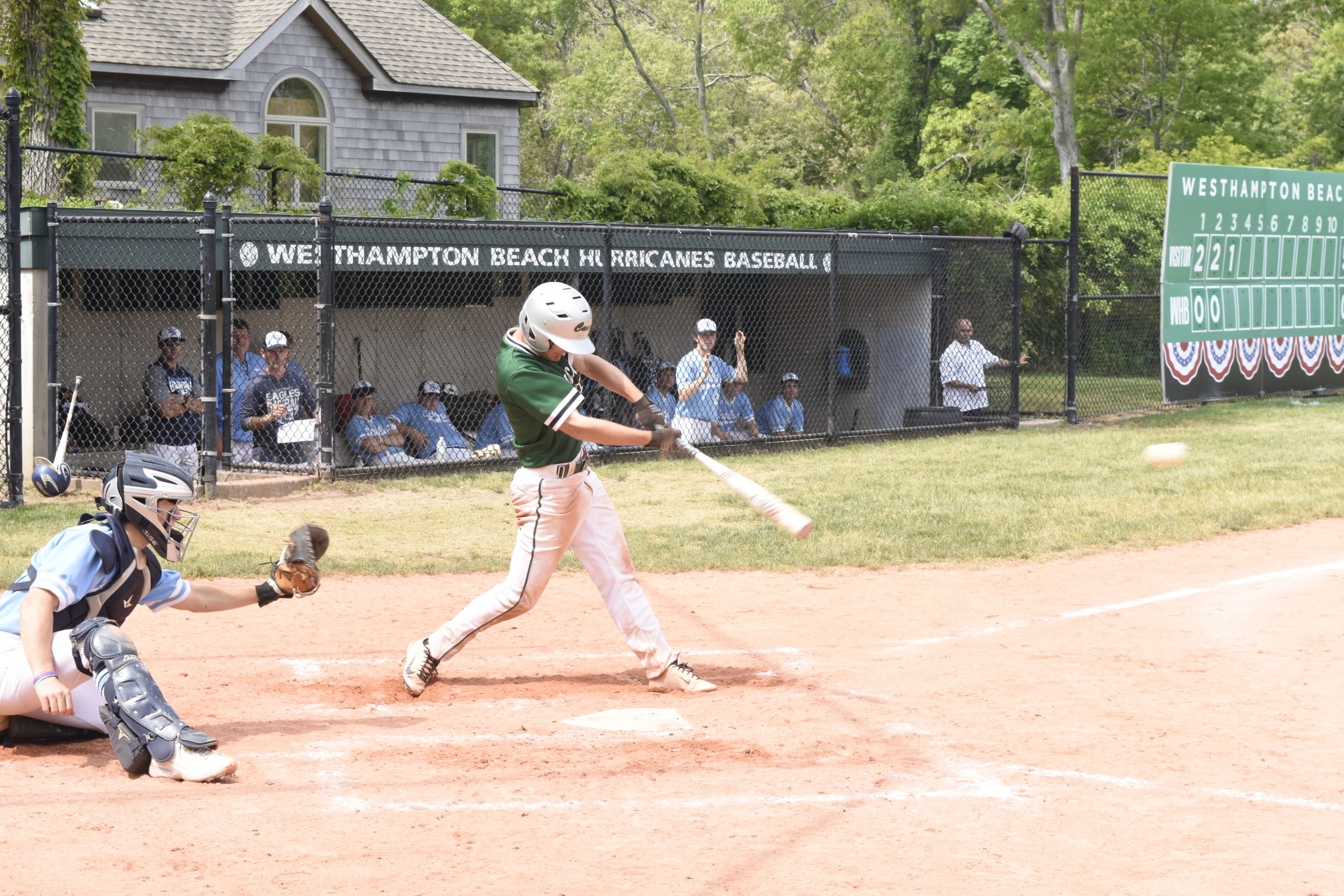 Westhampton Beach senior Grant Skala lines a single to right field.