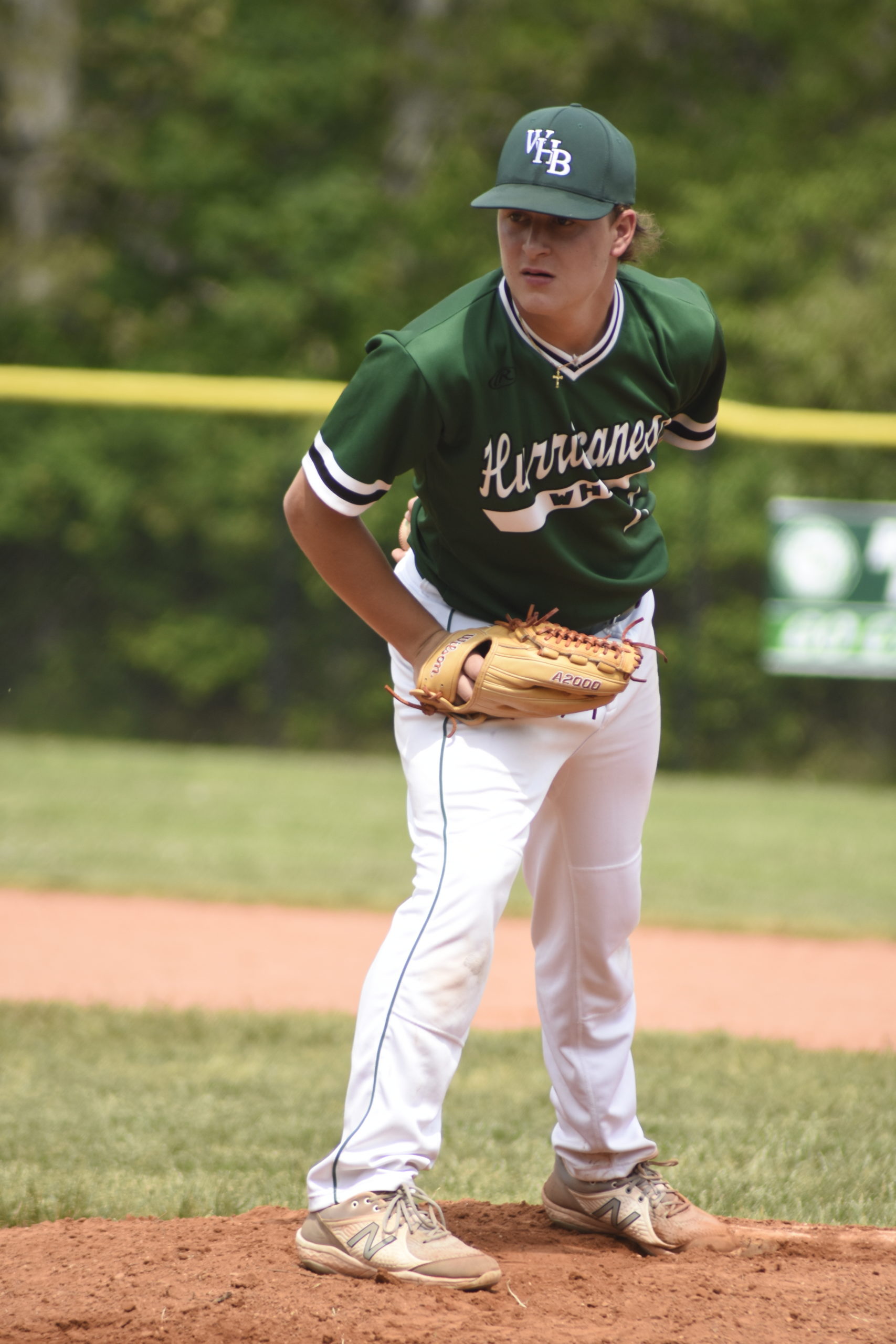 Westhampton Beach senior starting pitcher Ryan Miller looks in for a sign.