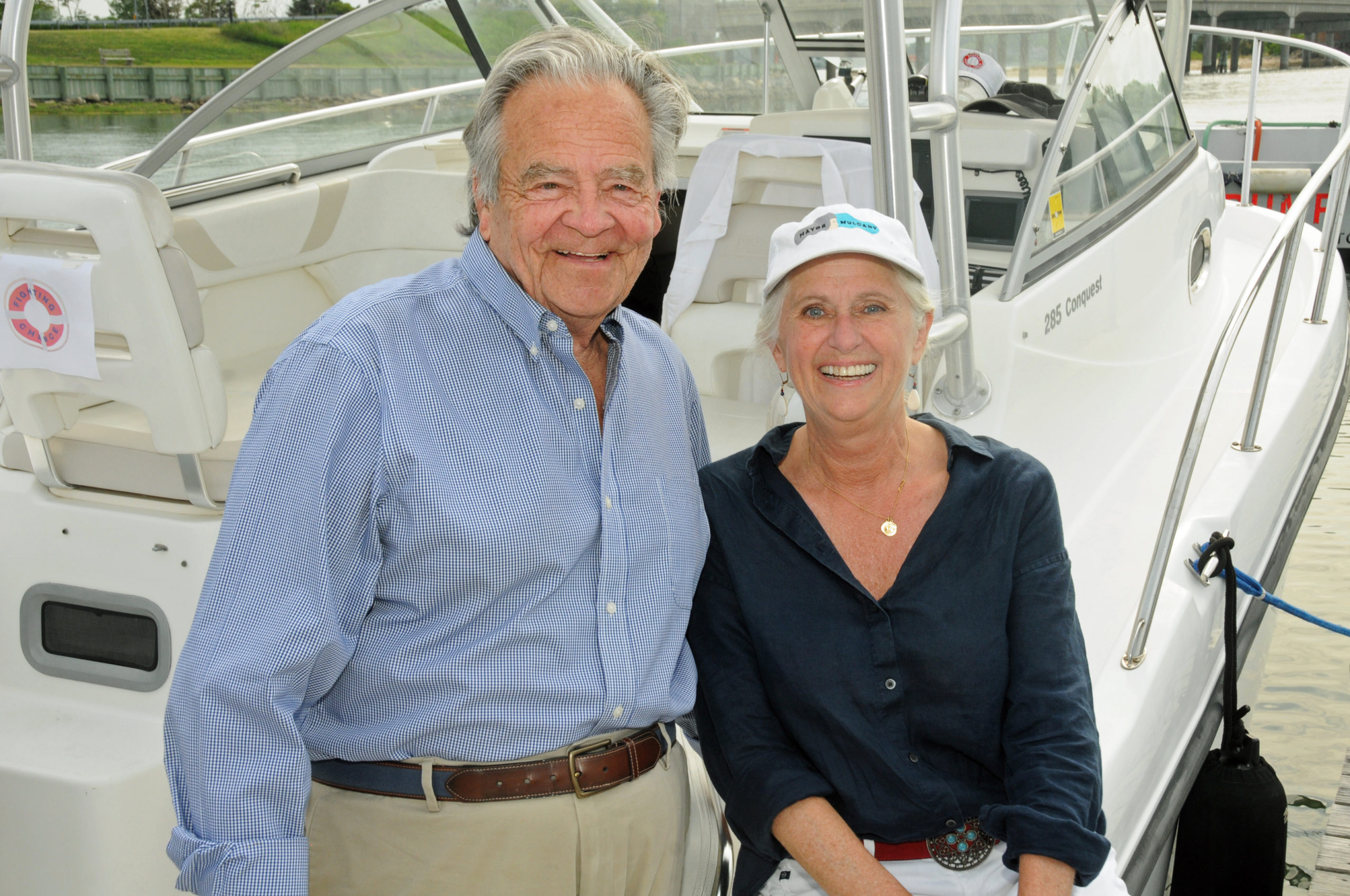 Former East Hampton Village Mayor Paul Rickenbach with Sag Harbor Mayor Kathleen Mulcahy at the 2021 Boaters Against Cancer  fundraiser,  a sunset cruise from Long Wharf to Dering Harbor and back to benefit Fighting Chance, on Sunday evening.   RICHARD LEWIN