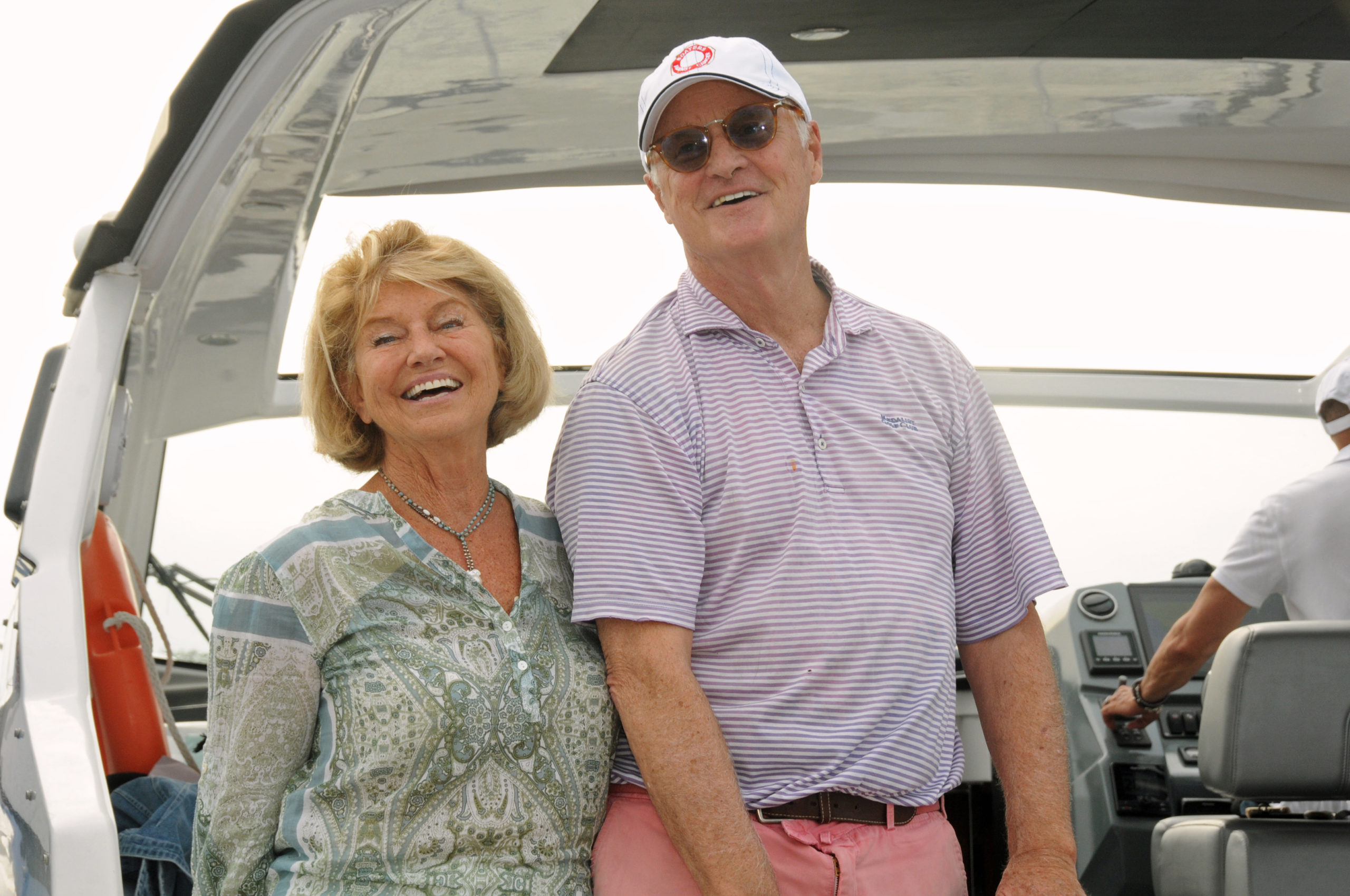 Wendy Moonan and Duncan Darrow at the 2021 Boaters Against Cancer  fundraiser,  a sunset cruise from Long Wharf to Dering Harbor and back to benefit Fighting Chance, on Sunday evening.   RICHARD LEWIN