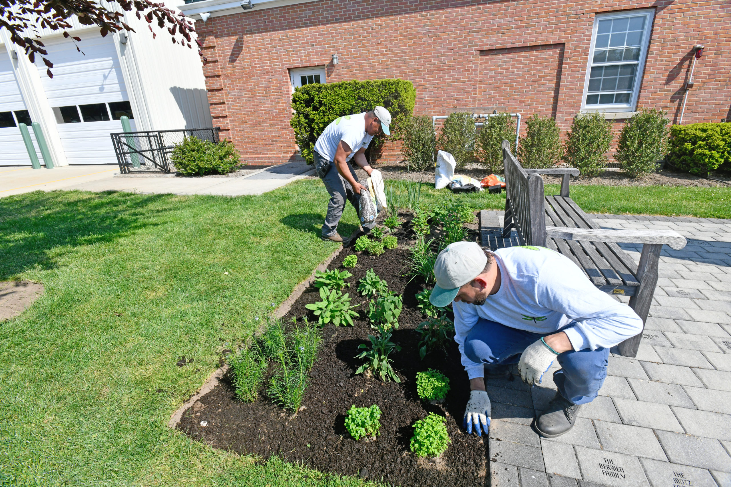 Employees from Dragonfly Landscaping in stall the plants from the Battery garden at the memorial in Quogue.   DANA SHAW