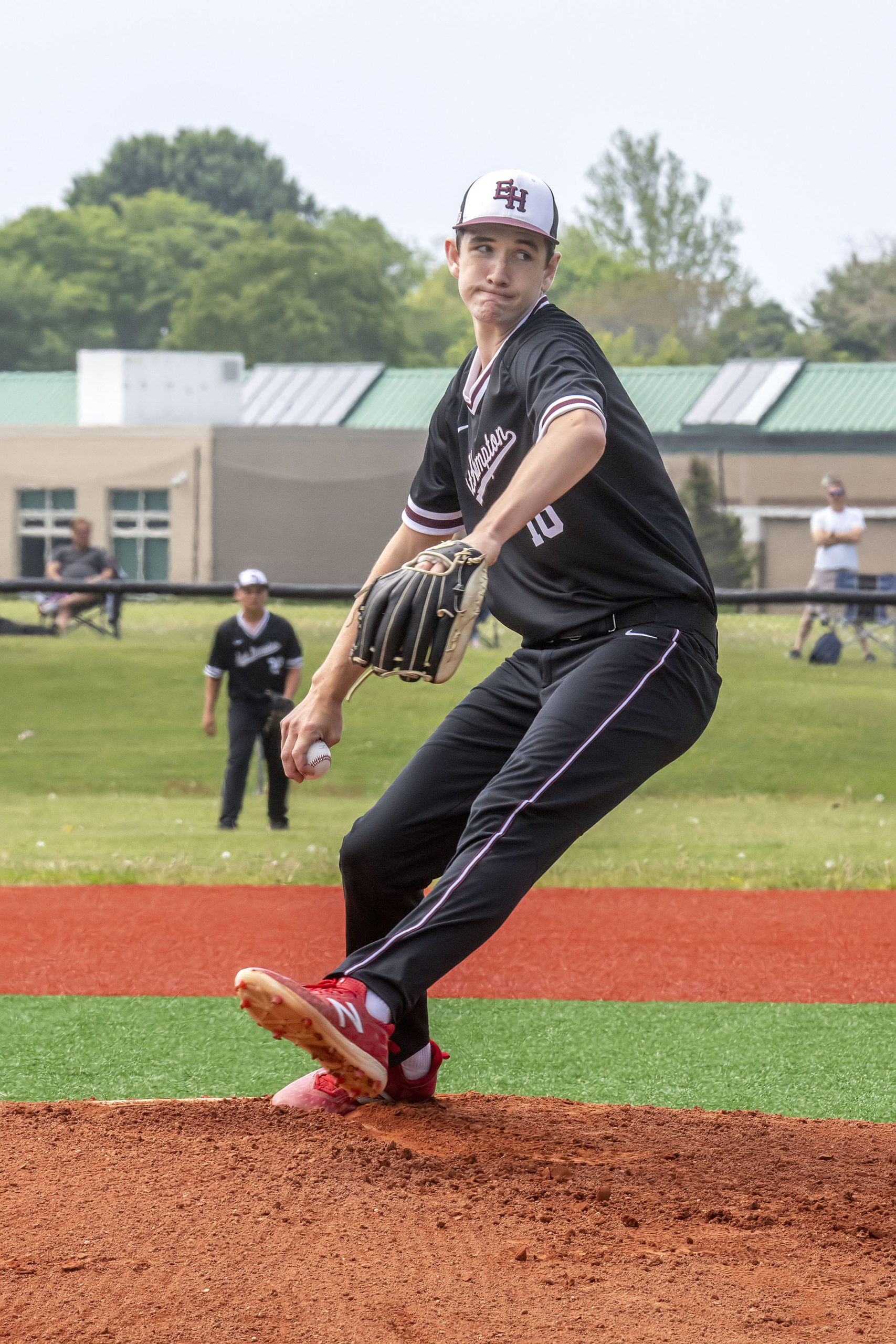 East Hampton junior Colin Ruddy was on the mound Saturday morning against Hills West.