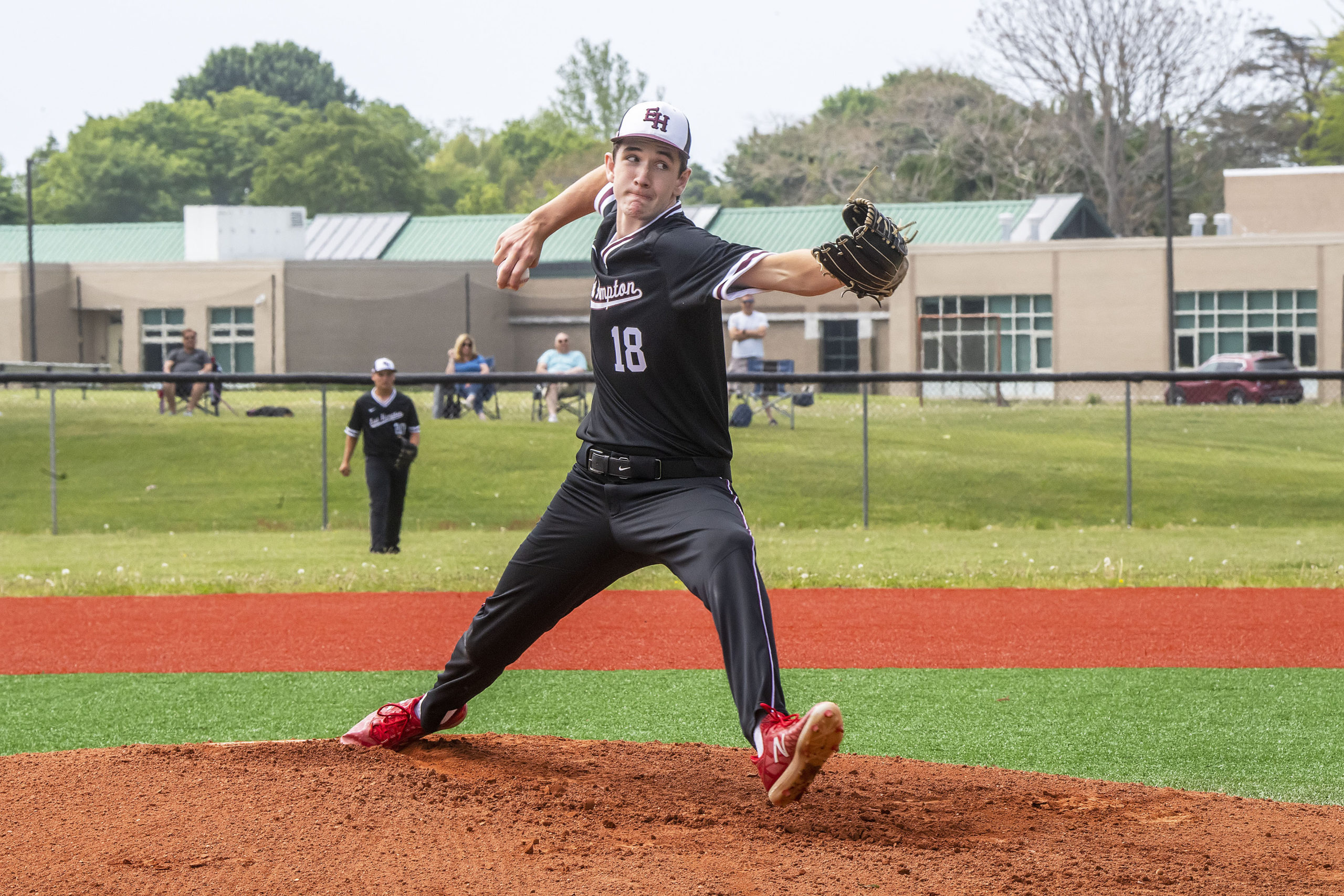 East Hampton junior Colin Ruddy was on the mound Saturday morning against Hills West.