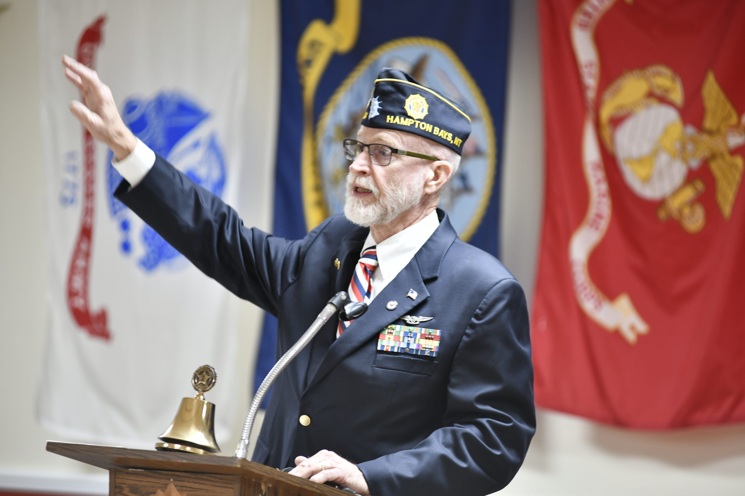 Richard Steiber speaks at Memorial Day services at American Legion Hand-Aldrich Post 924 in Hampton Bays on Monday.  DANA SHAW