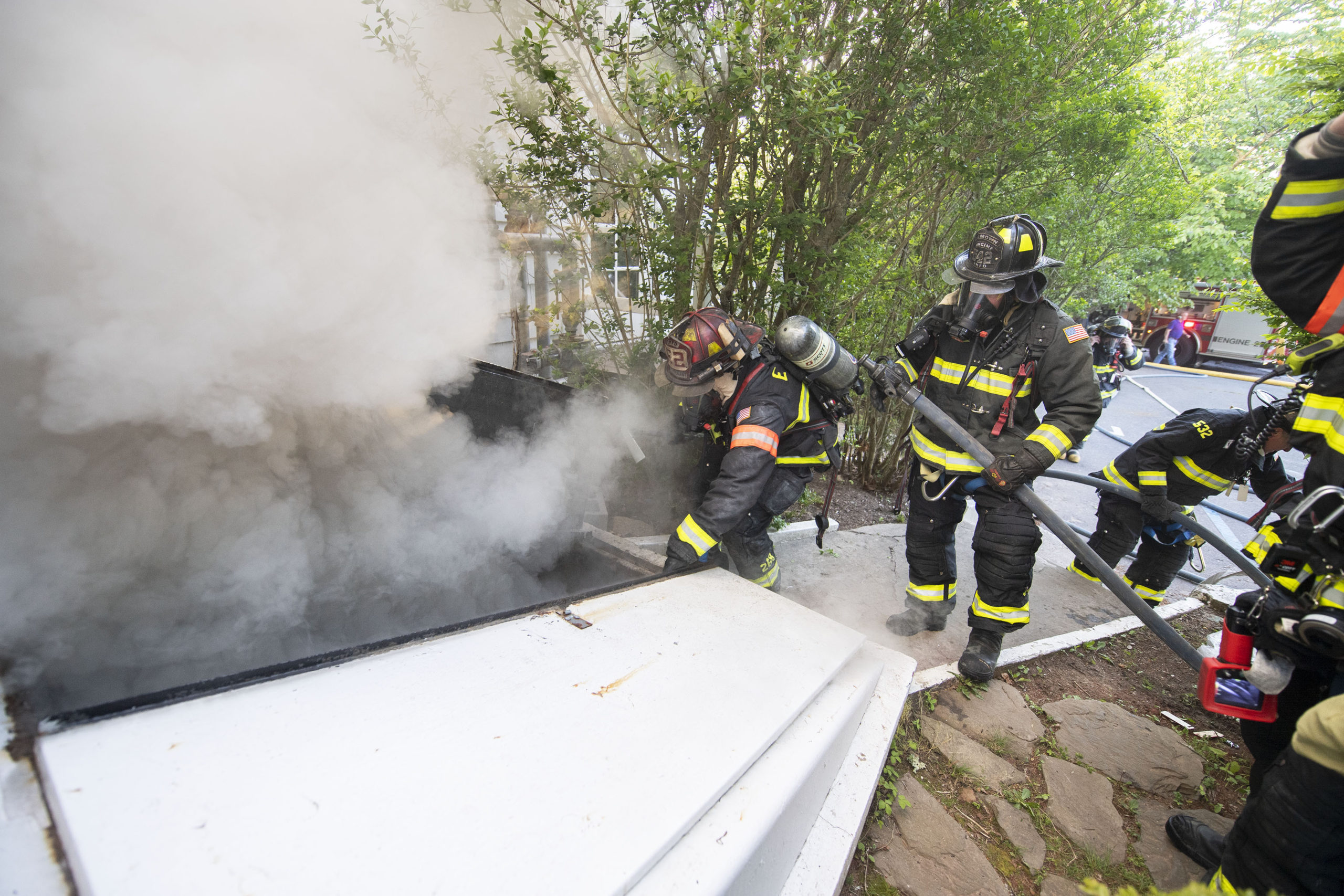 Firefighters battled a fire in the basement of Moby's restaurant in East Hampton on Friday morning.