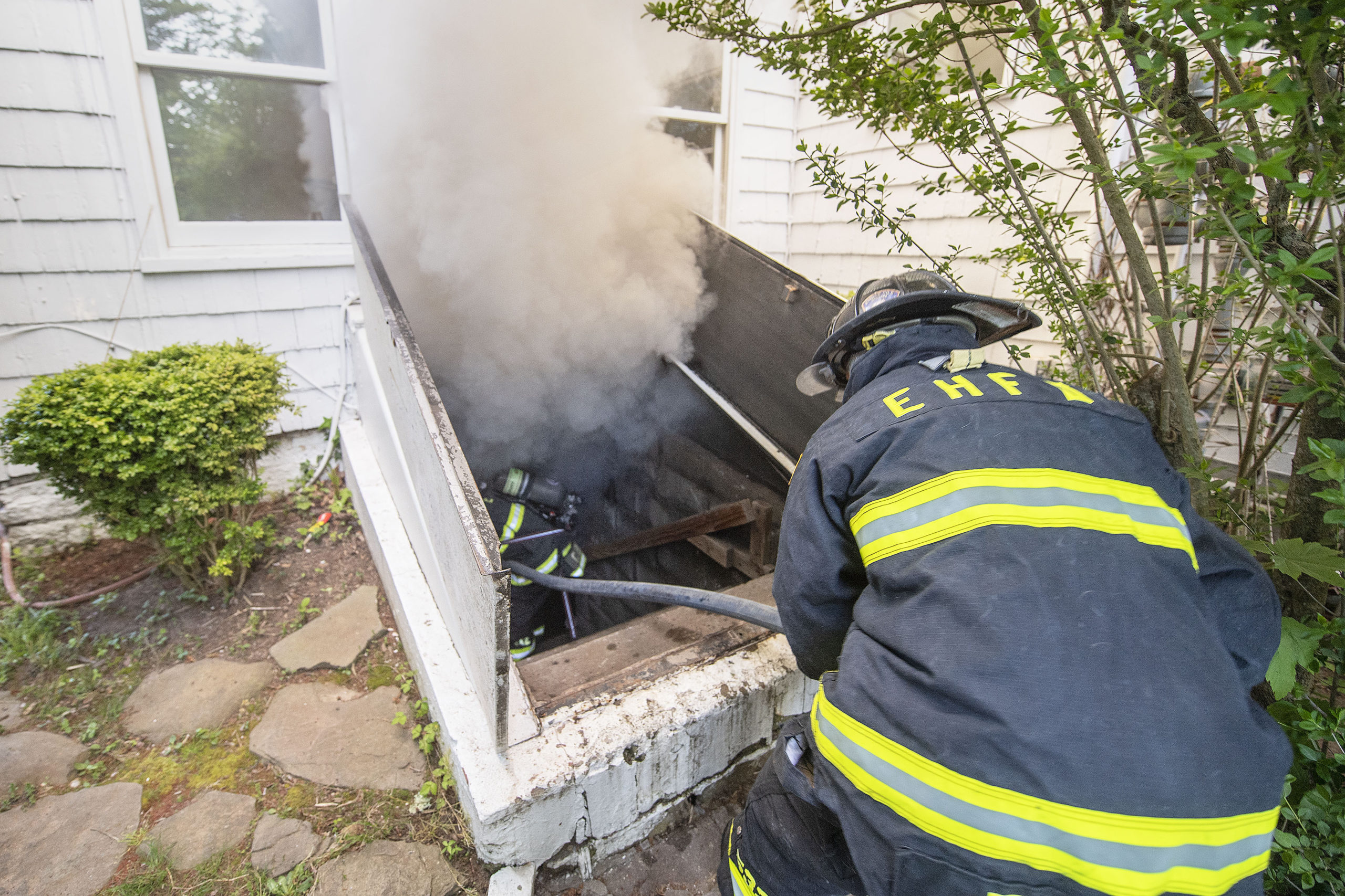 Firefighters battled a fire in the basement of Moby's restaurant in East Hampton on Friday morning.