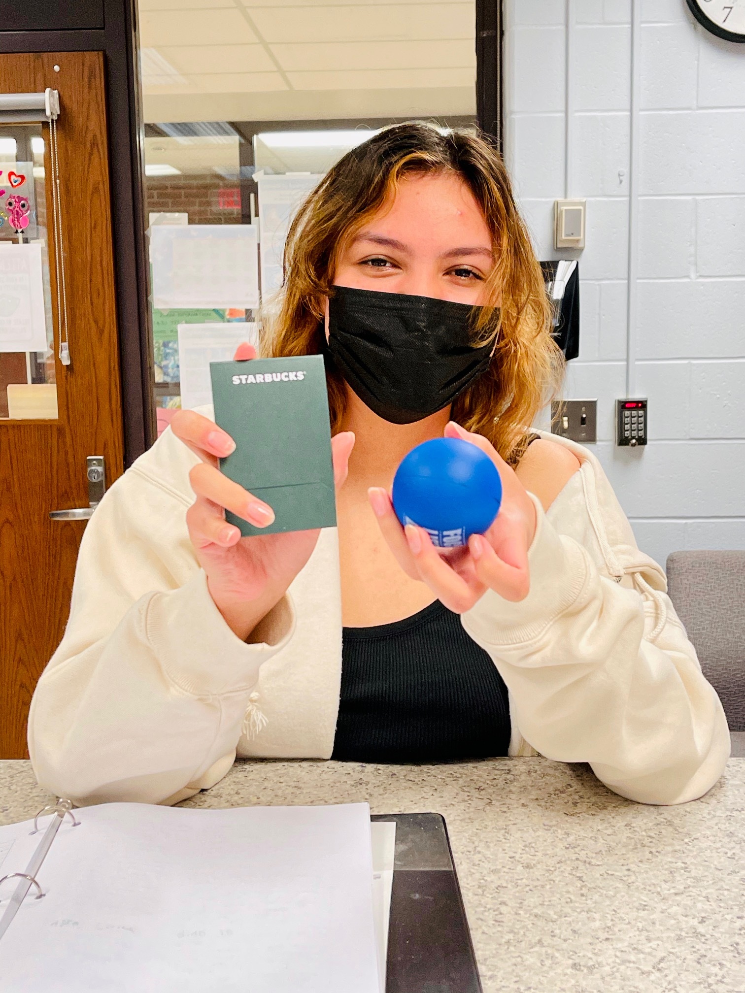 Maria Hill found a blue stress ball hidden within Southampton High School and won a gift card to Starbucks.