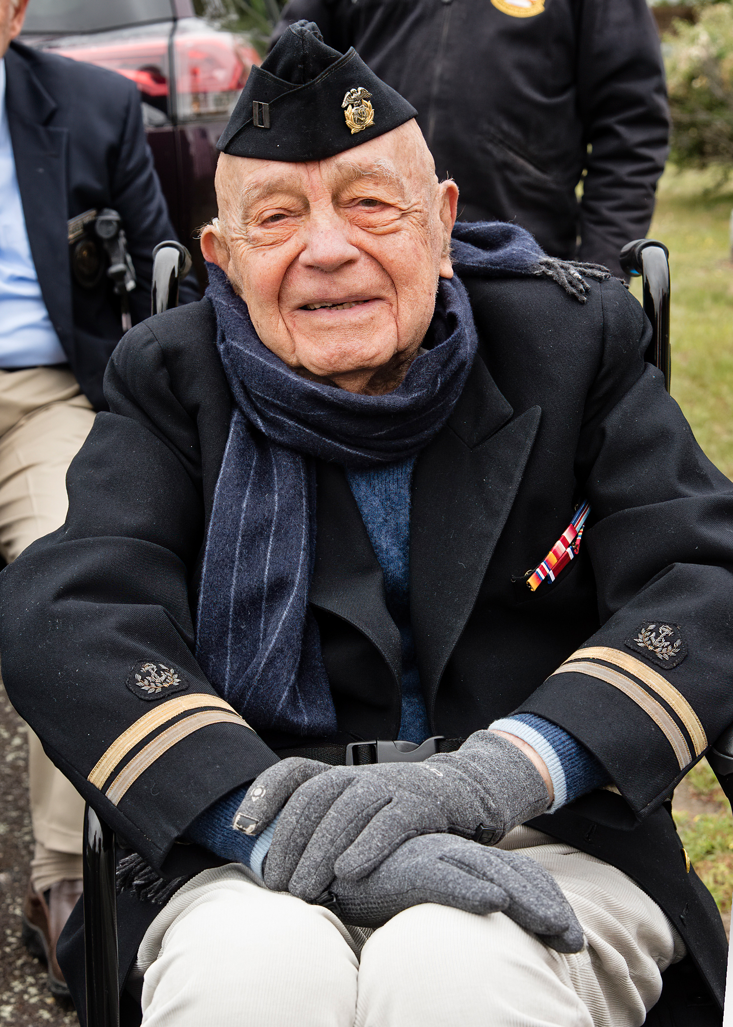 Ninety-seven year old Michael Pope of Remsenberg attended the memorial services at the Westhampton Cemetery in his World War II Merchant Marine uniform.   COURTESY WESTHAMPTON BEACH FIRE DEPARTMENT