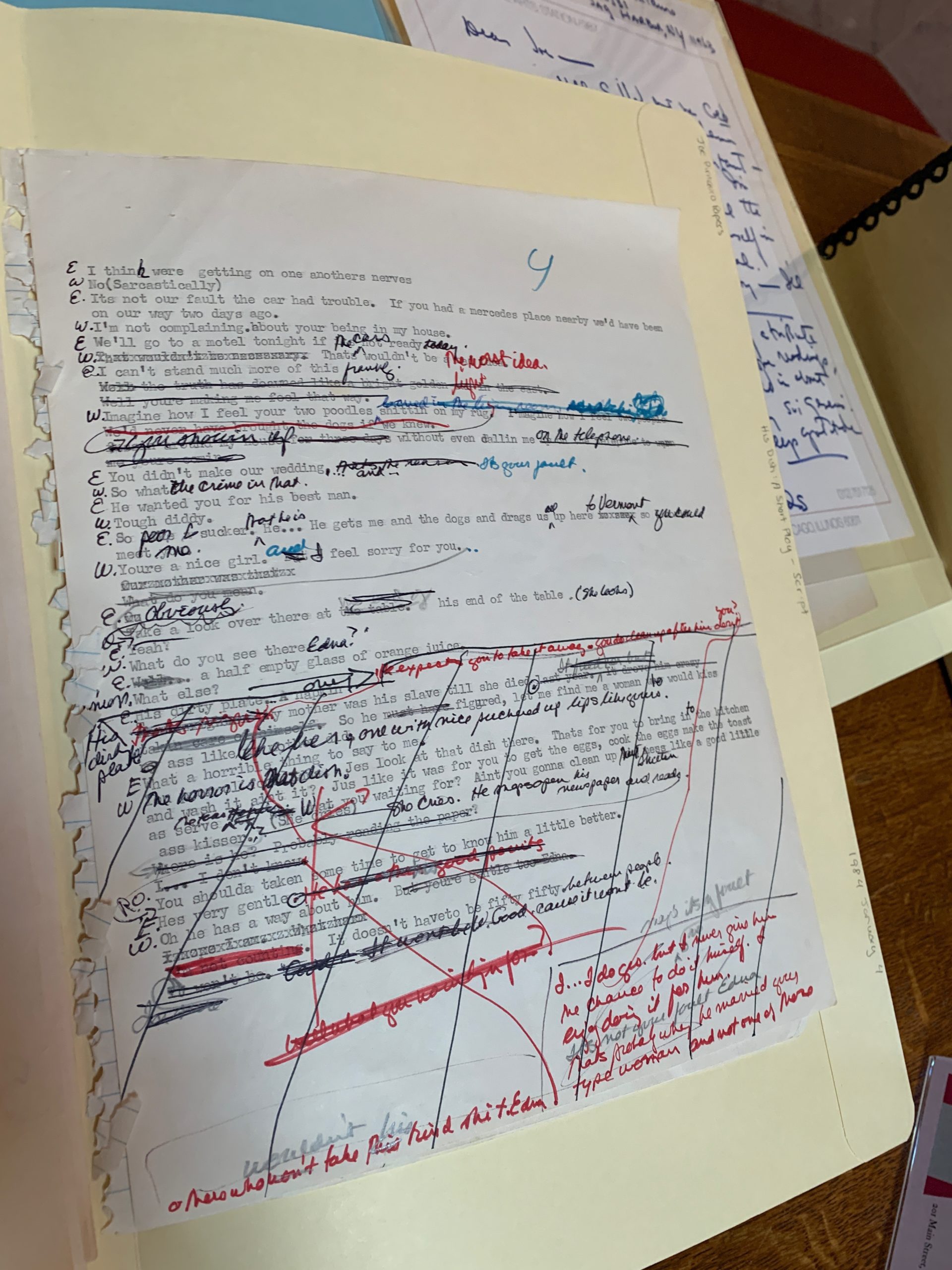 A manuscript page showing Joe Pintauro's handwritten edits and revisions.