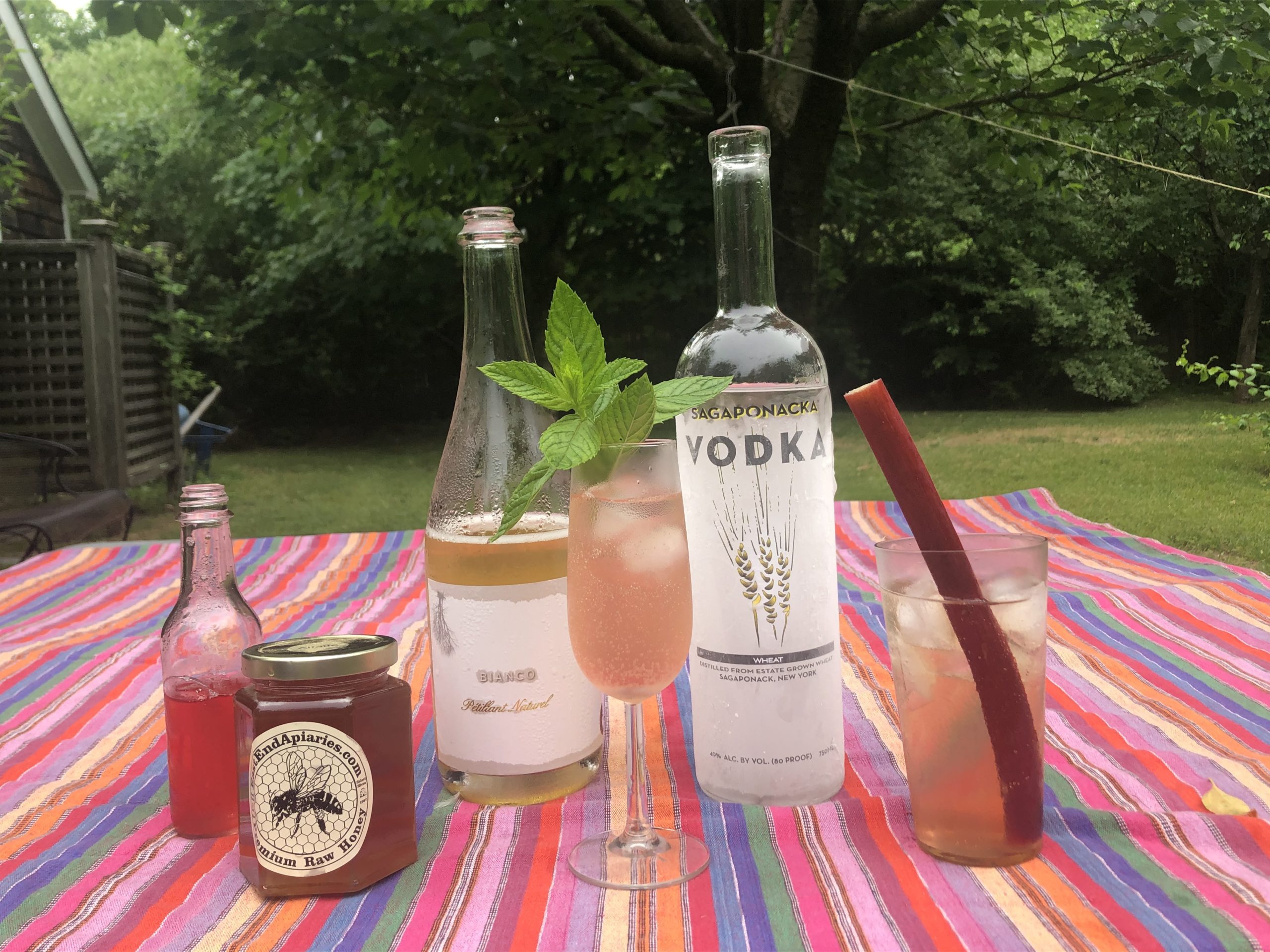 Create your own rhubarb cocktail with all local ingredients: Sag Harbor honey, rhubarb, wheat vodka and rhubarb liquor from the Sagaponack Farm Distillery.