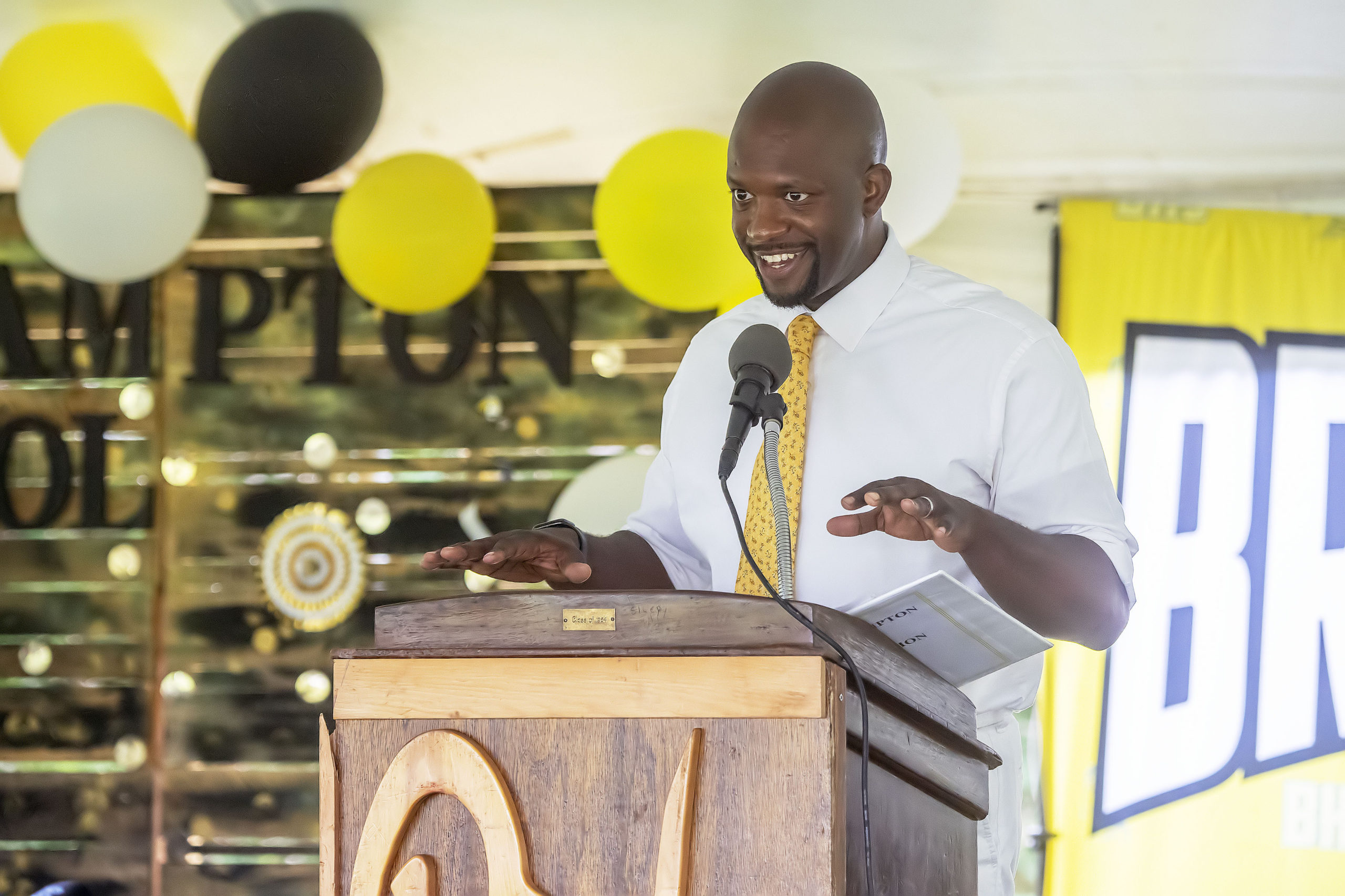 Bridgehampton Schools School Board President Ron White addresses the crowd during the school's 2021 commencement ceremony on Saturday.   MICHAEL HELLER