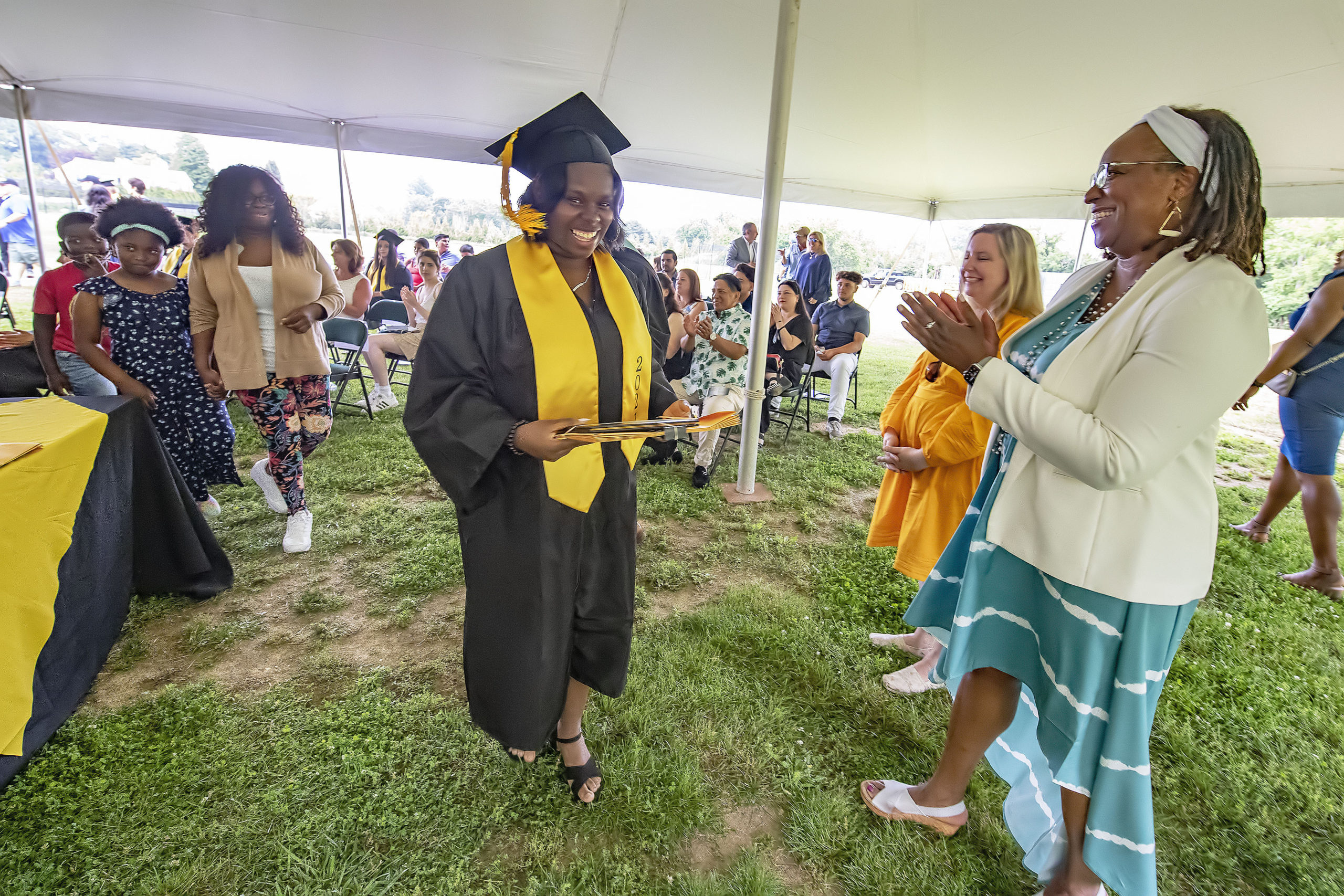 Bridgehampton School Class of 2021 senior Jaeda Gant gets her diploma during the school's 2021 commencement ceremony on Saturday.   MICHAEL HELLER