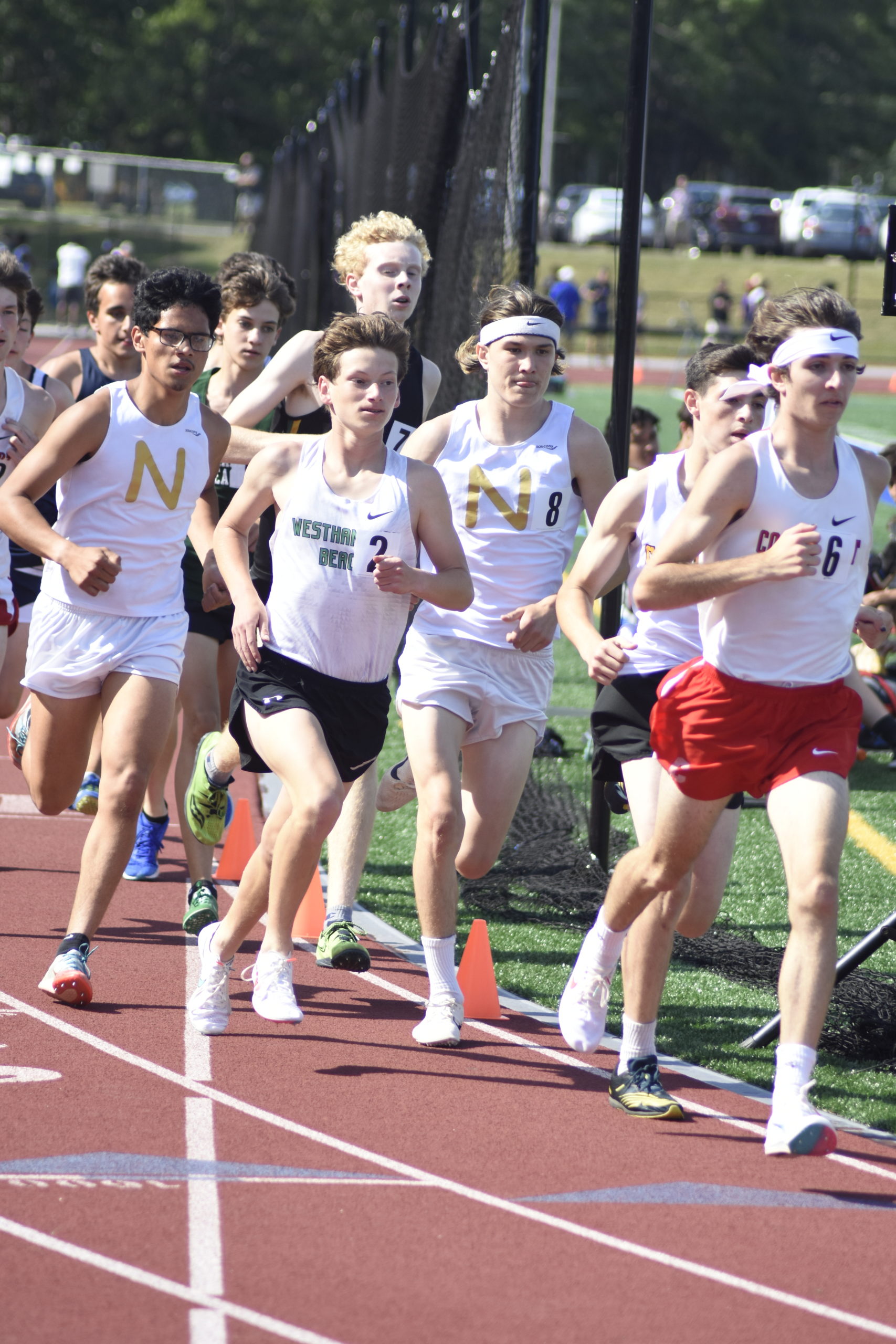 Westhampton Beach sophomore Maximus Haynia at the start of the 3,200-meter race, which he won.