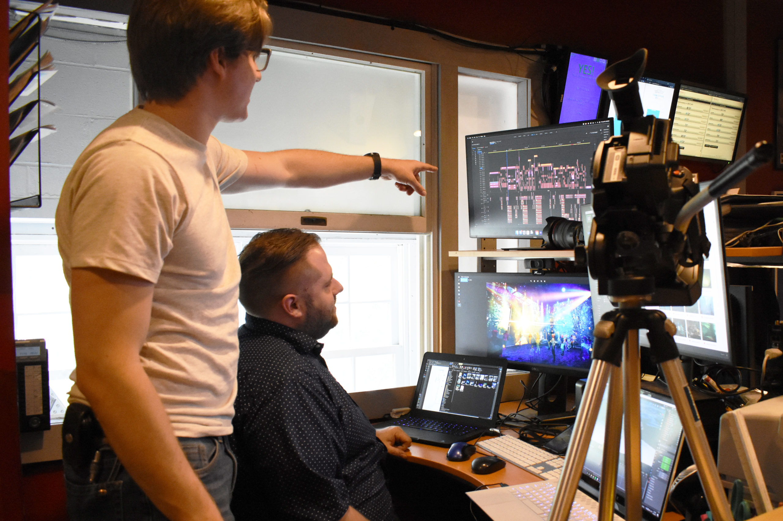Bay Street Theater's Brian Staton and Mike Billings work on their 