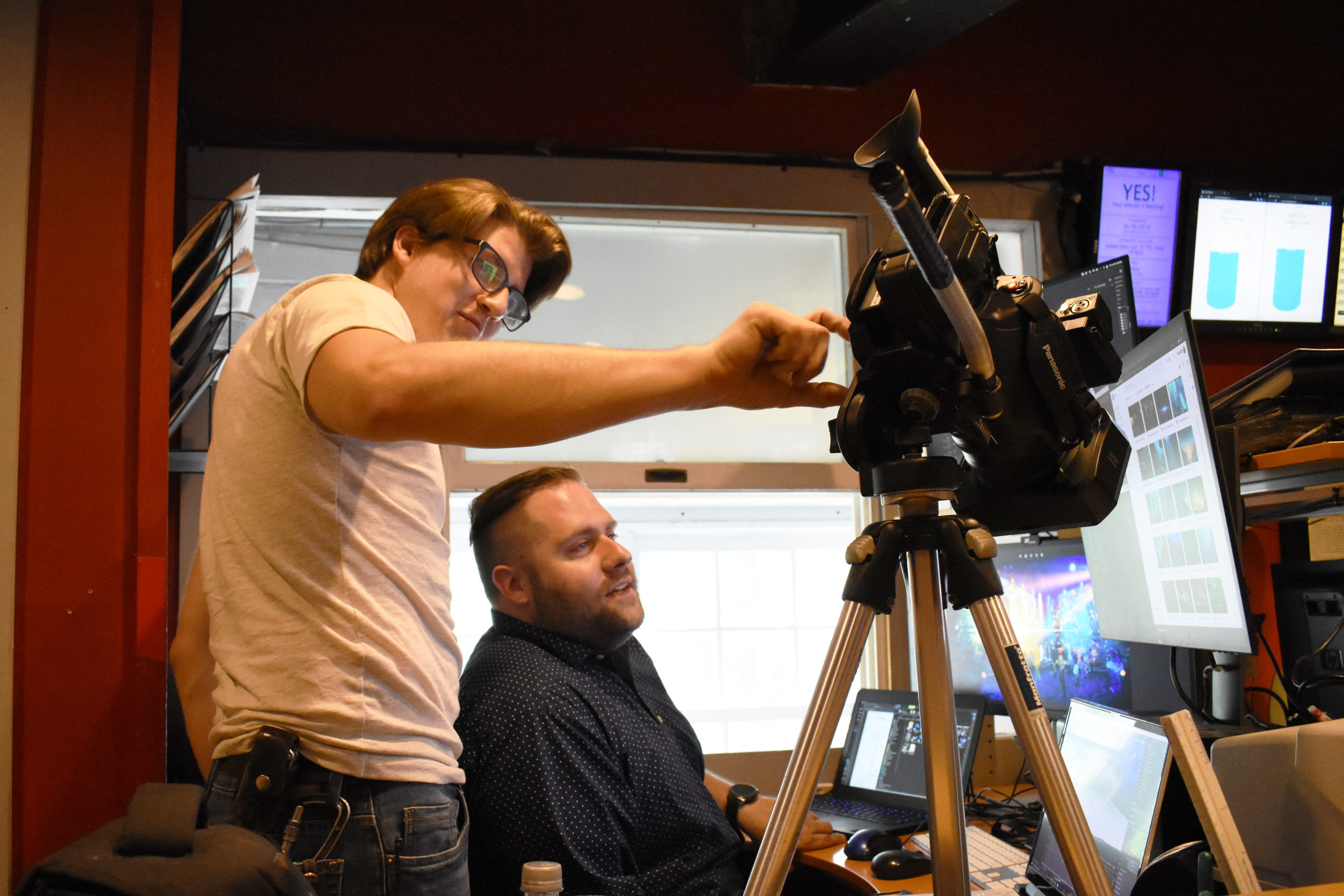 Bay Street Theater's Brian Staton and Mike Billings work on their 