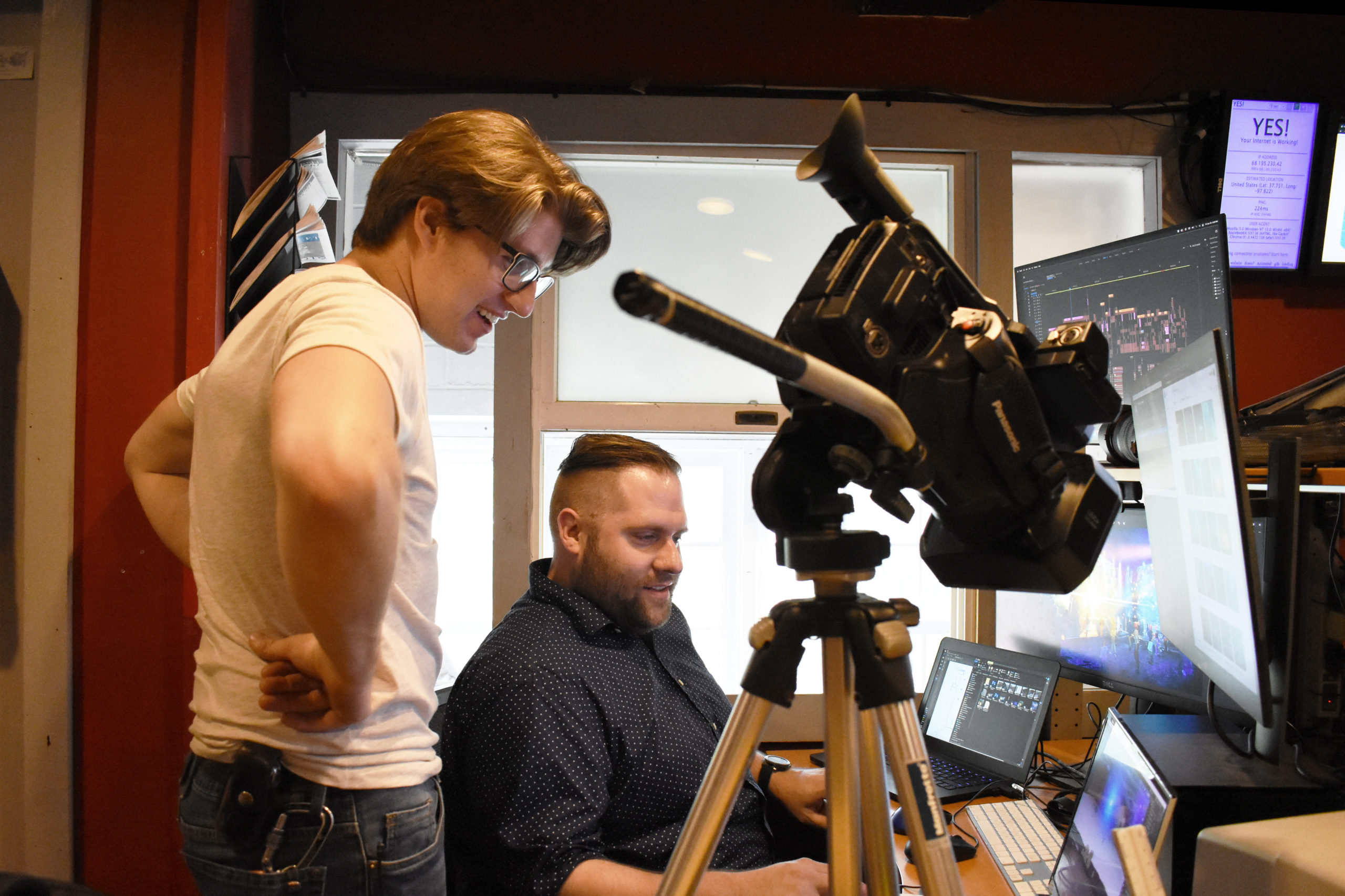 Bay Street Theater's Brian Staton and Mike Billings work on their 