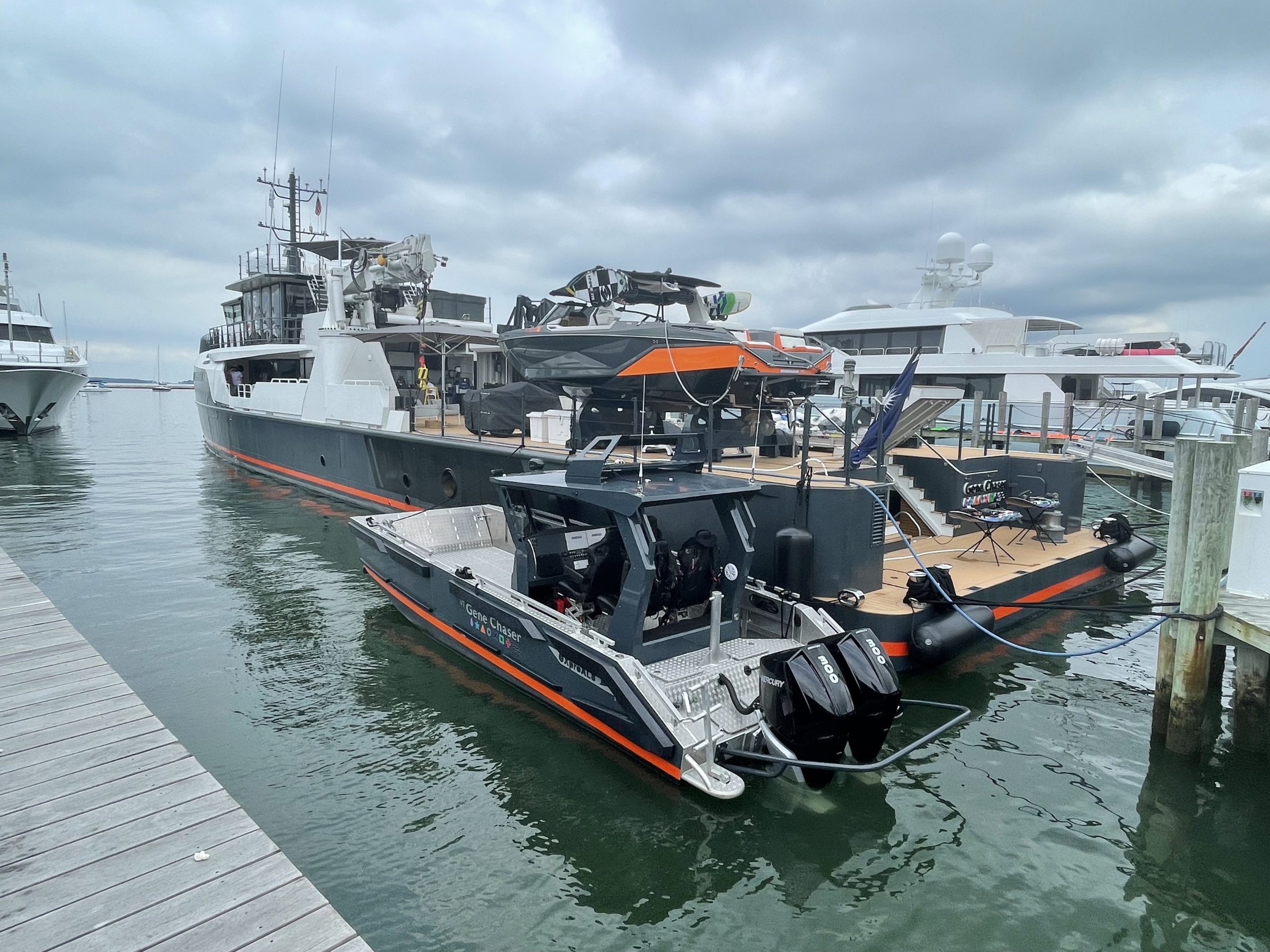 The Gene Chaser, which is moored in Sag Harbor this week, was set up by owner by Jonathan Rothberg to be a floating scientific incubator for medical startups. The 180-foot yacht is outfitted with science labs, 3D-printers and gene sequencing machines, along with a plethora of recreational 