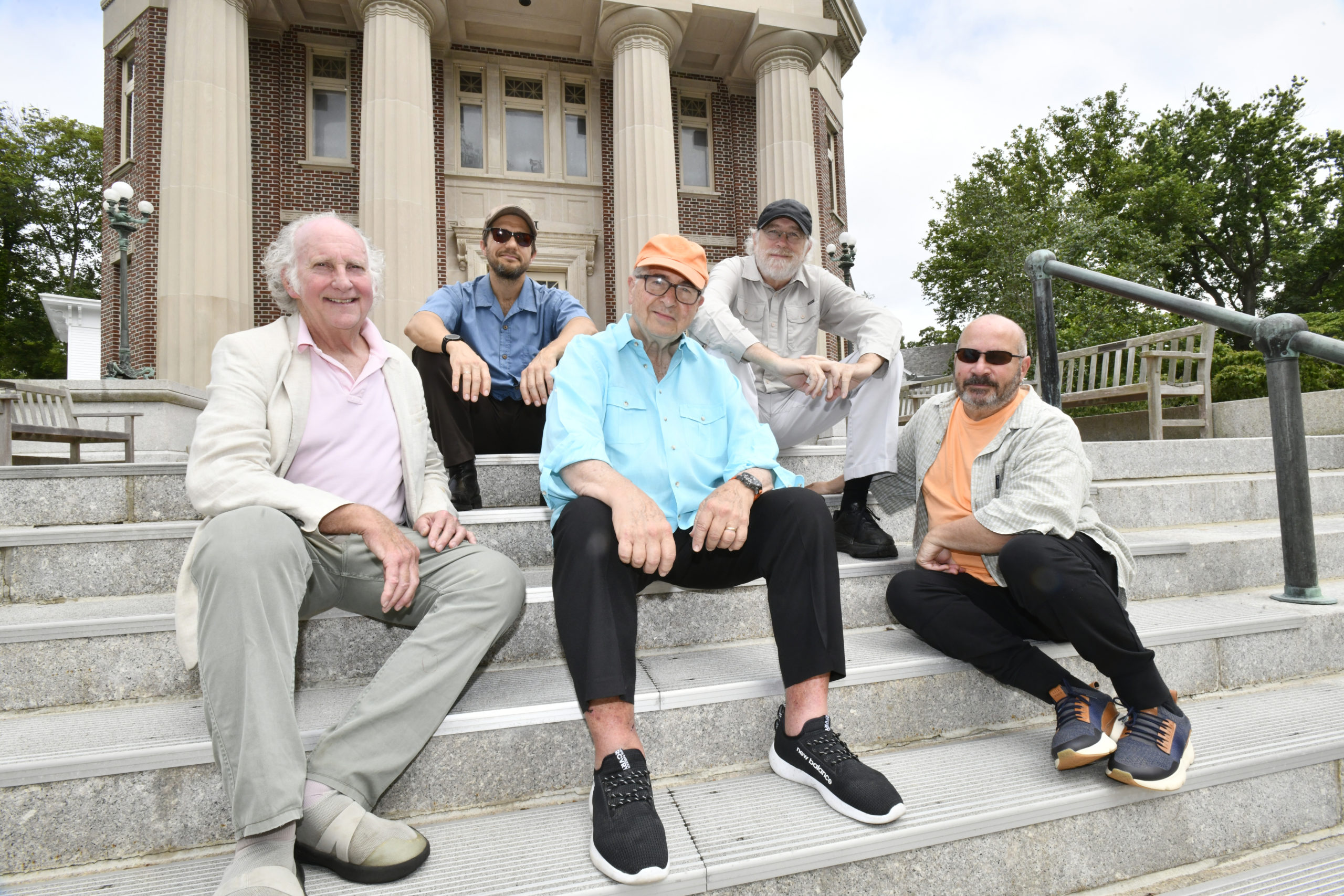 Claes Brondal, Bill O'Connell, John Landes, Lew Sherwood and Joel Chriss of the Hamptons Jazz Festival on the steps of the John Jermain Library in Sag Harbor, one of the venues for the festival. DANA SHAW