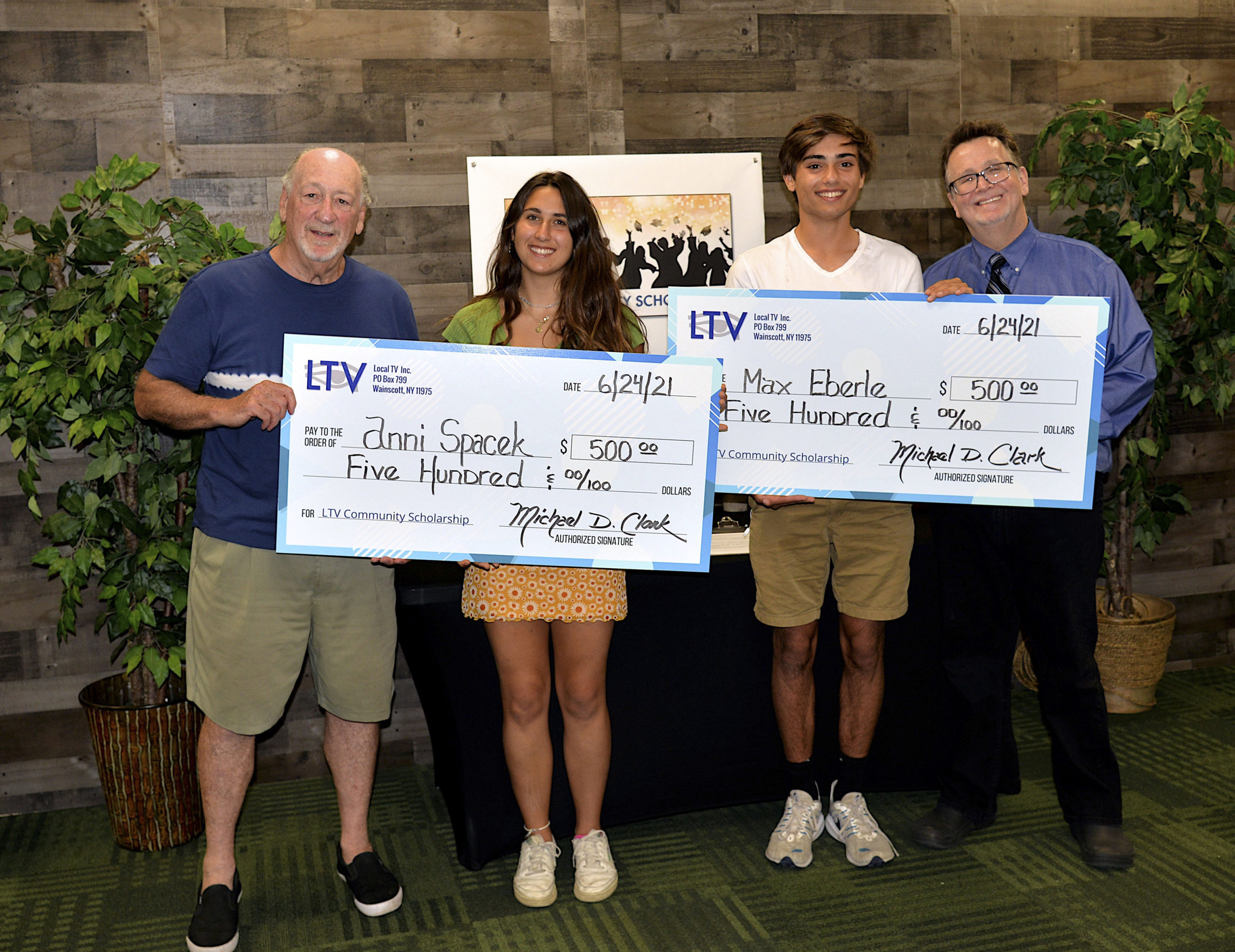 LTV presented $500  scholarships to East Hampton students  Anni Spacek and Max Eberle on June 24. The LTV Community Scholarship is presented to students with a passion for community media, lifelong learning, and free speech and  who are pursuing an education in film, television, broadcasting or radio.  With the students are  LTV Chairman Jon Olken and Michael Clarke.   KYRIL BROMLEY