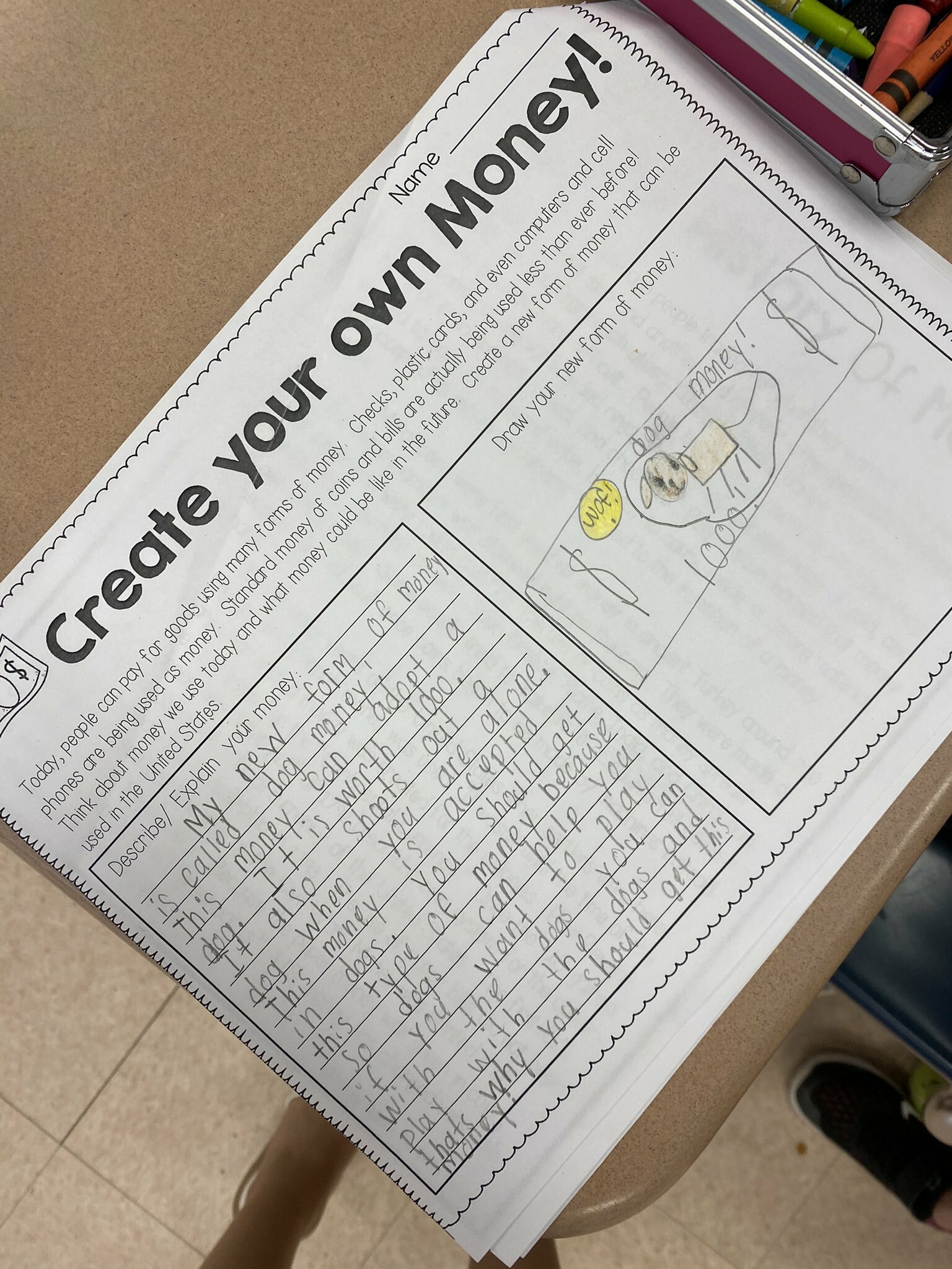 Claire Urizzo’s third grade class at Hampton Bays Elementary School recently learned about the U.S. economy and the history of money. They culminated the lesson by designing their own money and writing about how it can be used. They imagined their own dog money, unicorn money and even chocolate money.