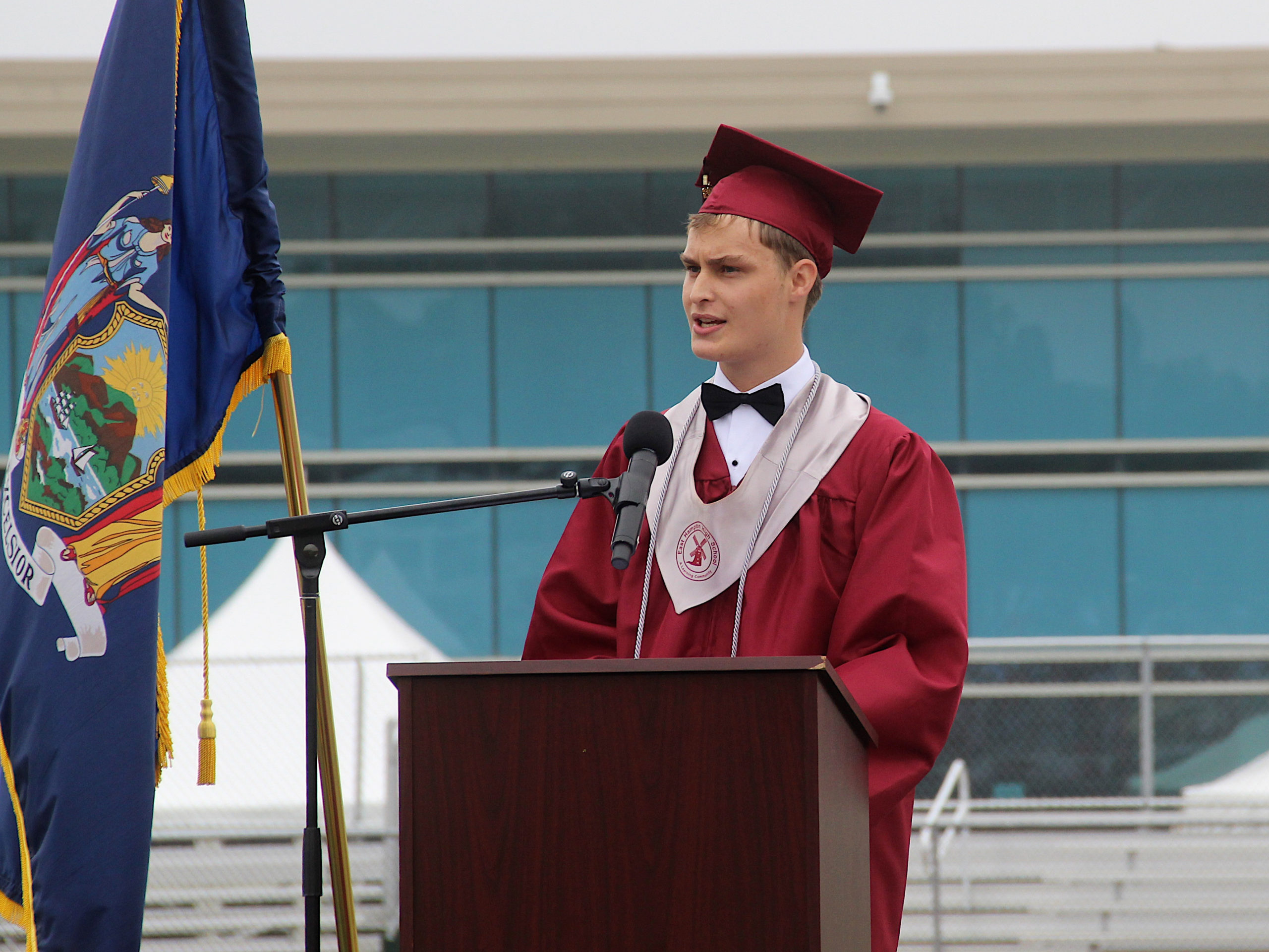 Class President James Epstein
at the East Hampton High School Class of 2021 graduation on Saturday.  KYRIL BROMLEY