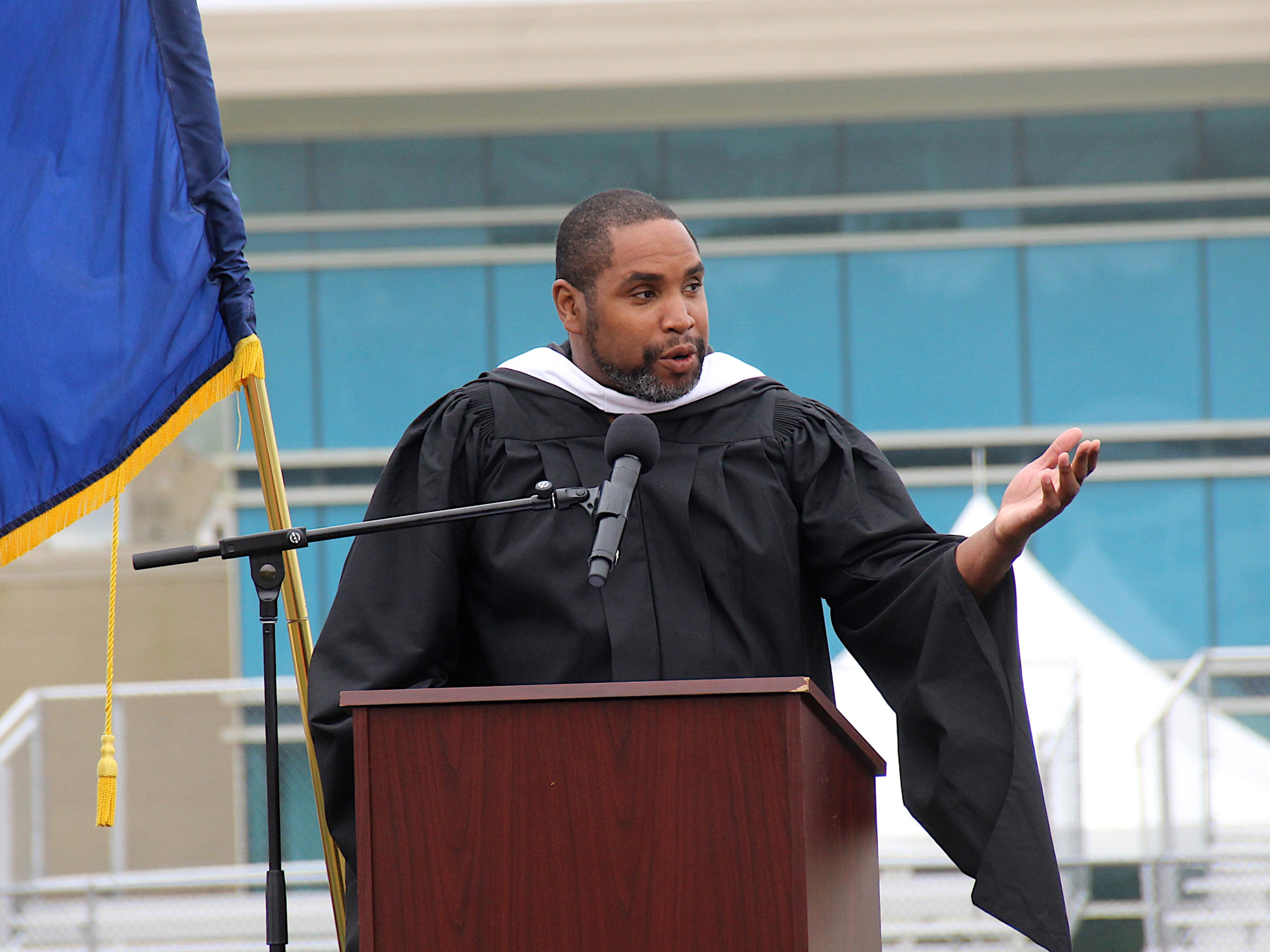 Principal James Crenshaw speaks at hte East Hampton High School Class of 2021 graduation on Saturday.  KYRIL BROMLEY