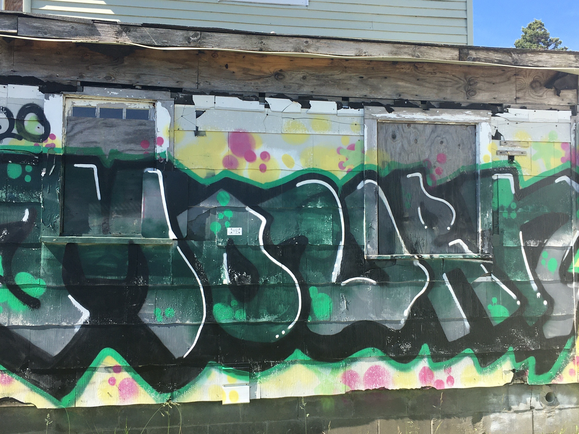 Graffiti covers rotting, warped siding.