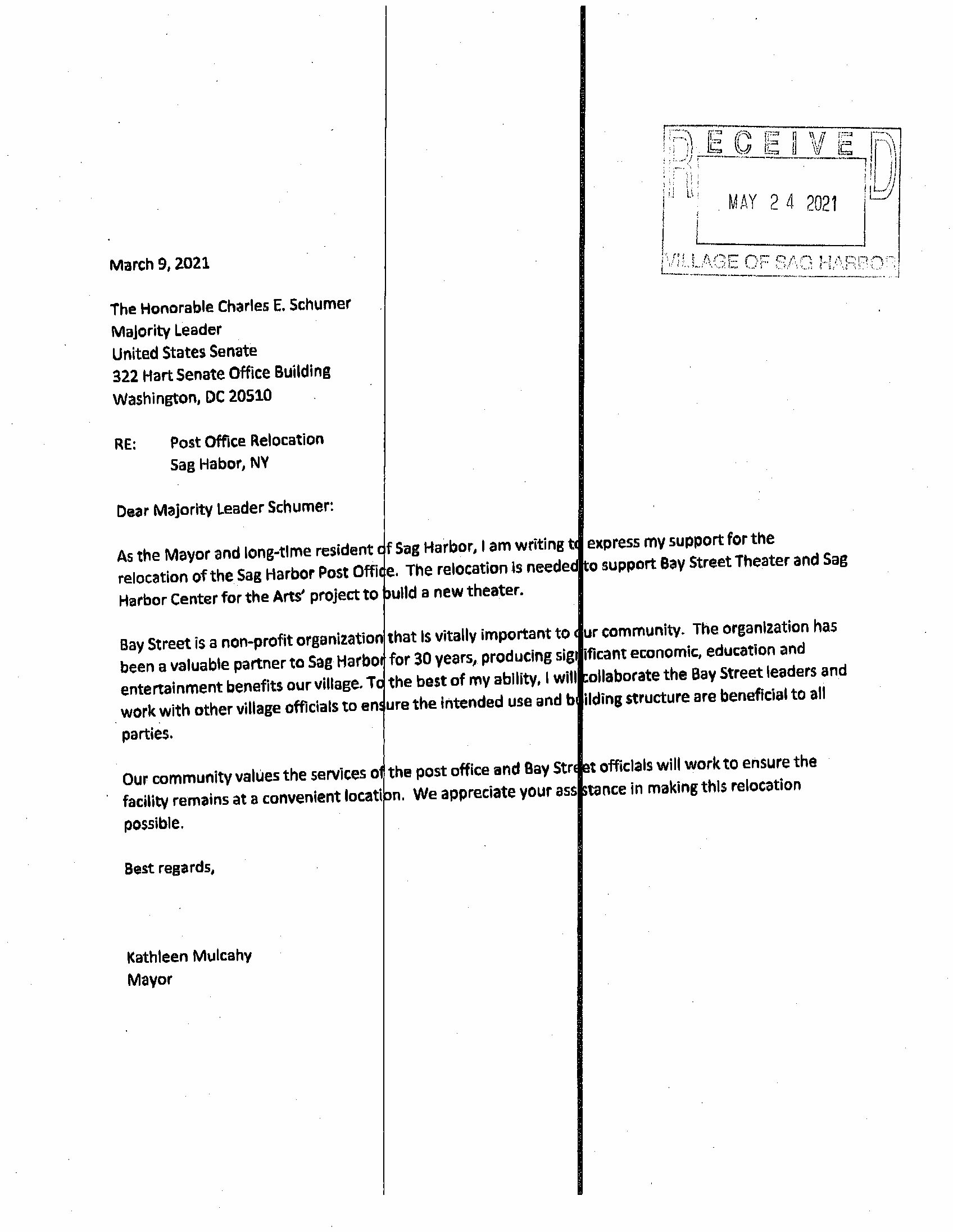 An unsigned letter purported to be from Mayor Kathleen Mulcahy to Senator Charles Schumer's office, supporting the relocation of the Sag Harbor Post Office.