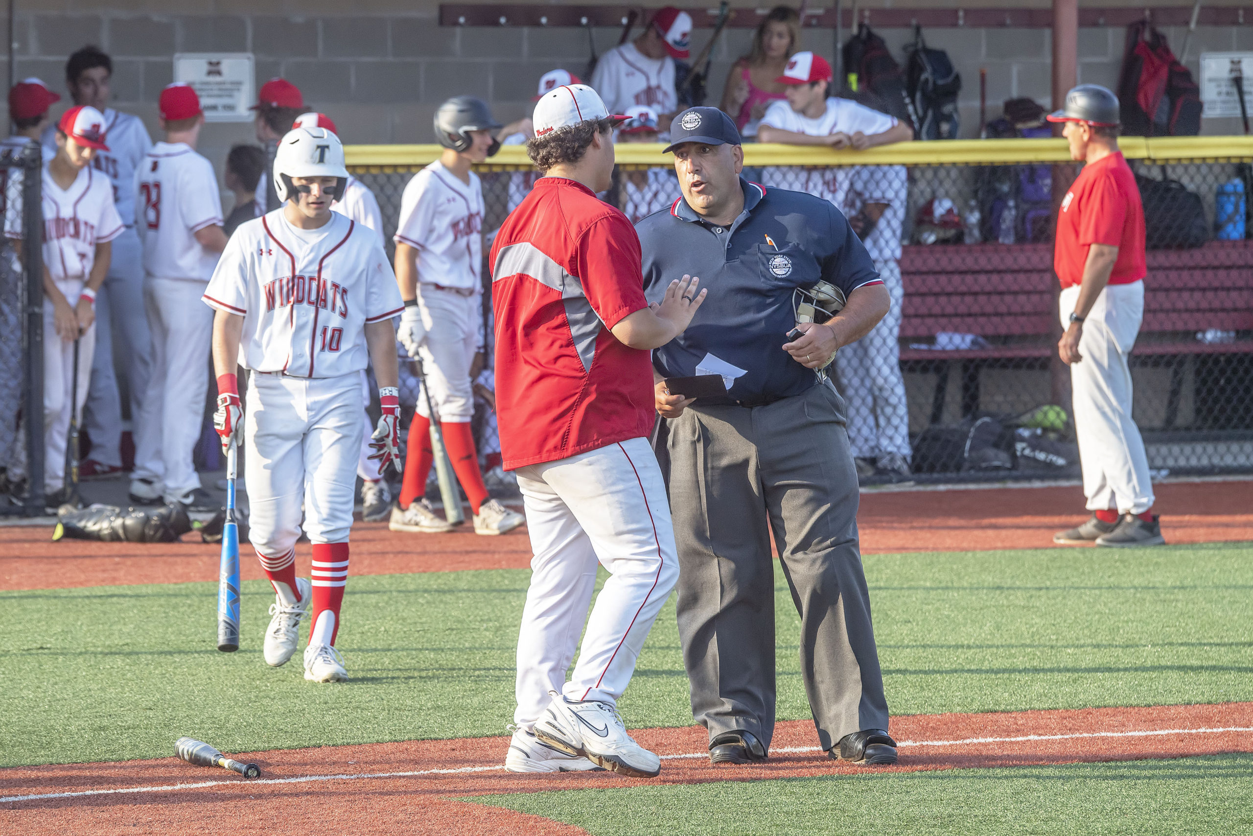 Pierson coach Tyler LaBorne talks with the home plate umpire regarding the ejection of a Wheatley player.
