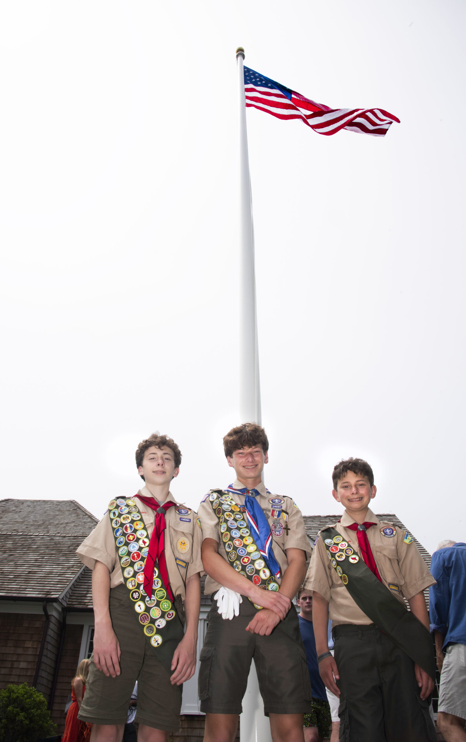 The first flag-raising on new flagpole and pledge of allegiance conducted by Haynia brothers, Maximus and Eagle Scout, Marcus  Life Scout and Magnus at  Second Class Rank.   VERONIQUE LOUIS