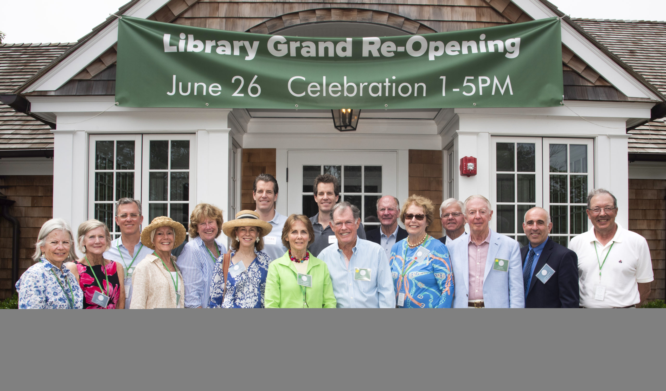 At the Quogue Library reopening are: Sally McGrath, Trustee; Catherine Donnelly, consultant, Trustees Philippe McCauliffe, Kathy Lomas and Sarah Adams: Frances Beatty Adler Co-Chair Capital Campaign; Barbara Sartorius, President Board of Trustees; Trustee Kevin Crowe, Sr;. Building Committee Chair Lynda Confessore; Trustee Paul Mejean; Southampton Town Supervisor Jay Schneiderman; Trustee Pierre de Saint Phalle. Back row, left to right, Tyler Winklevoss and Cameron Winklevoss, Innovation Lab; Quogue Mayor Peter Sartorius and Assemblyman Fred Thiele, Jr.      VERONIQUE LOUIS