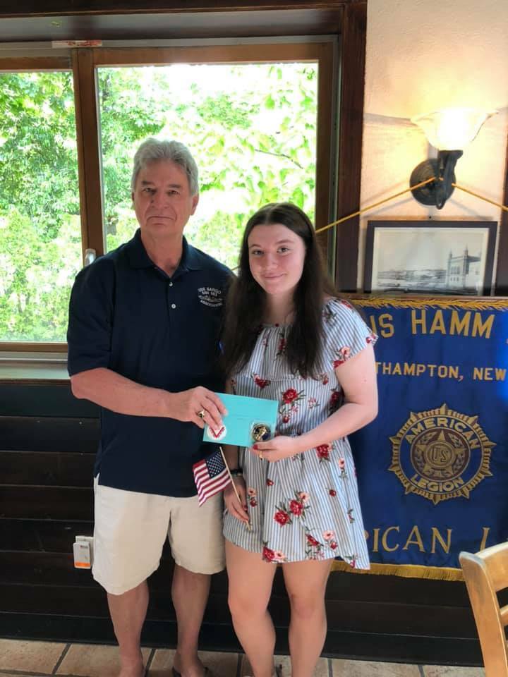 Taylor Mathews, a Westhampton Beach High School senior from East Moriches, is the winner of the 2021 Arthur Ellis Hamm American Legion Post 834 scholarship. The honor roll student, who is on the high school cheerleading squad and enjoys fishing in her spare time, was presented the award by her grandfather, Michael Berdinka, Finance Officer of Post 834. In the fall, Taylor plans to attend Stony Brook University to study Marine Vertebrate Biology.
