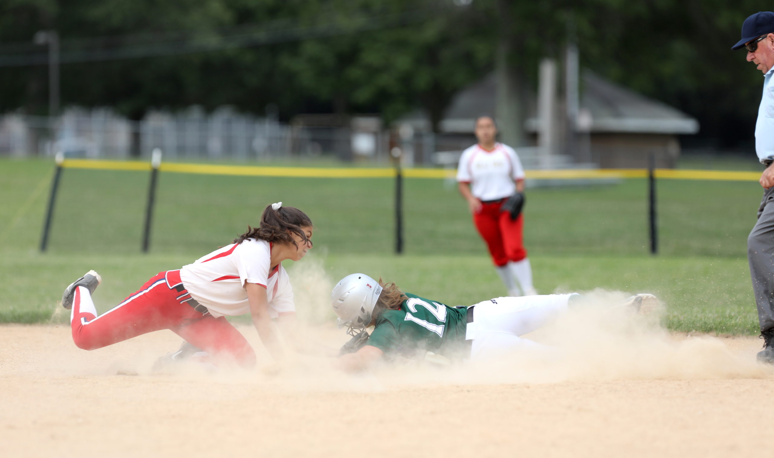 Westhampton Beach junior Lillie Henthorne is tagged out sliding into second base. CHRISTINE HEEREN